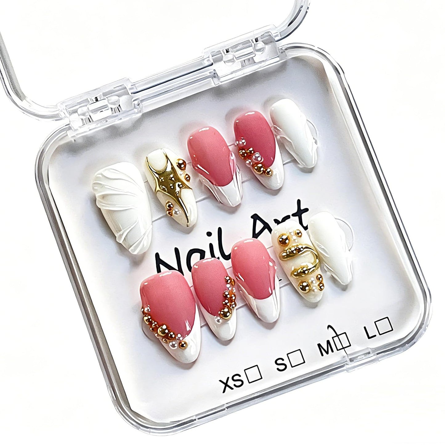 Handmade Press on Nails Medium Almond,French Tip Metal Pearl Bead Luxury Date Style for Women 10 Pcs(Size M)