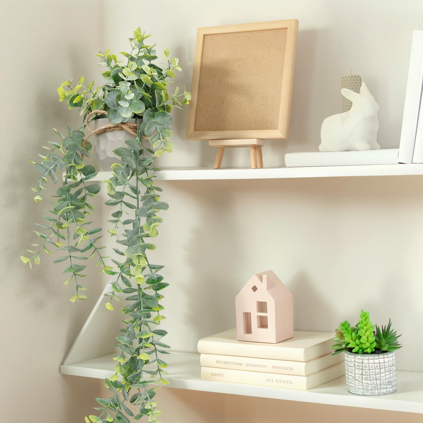 HOFMEFY Artificial Hanging Faux Eucalyptus Plants in Small Gray Geometry Cement Pots with Lanyard for Greenery Wall Shelve Decor (2PCS,Green)