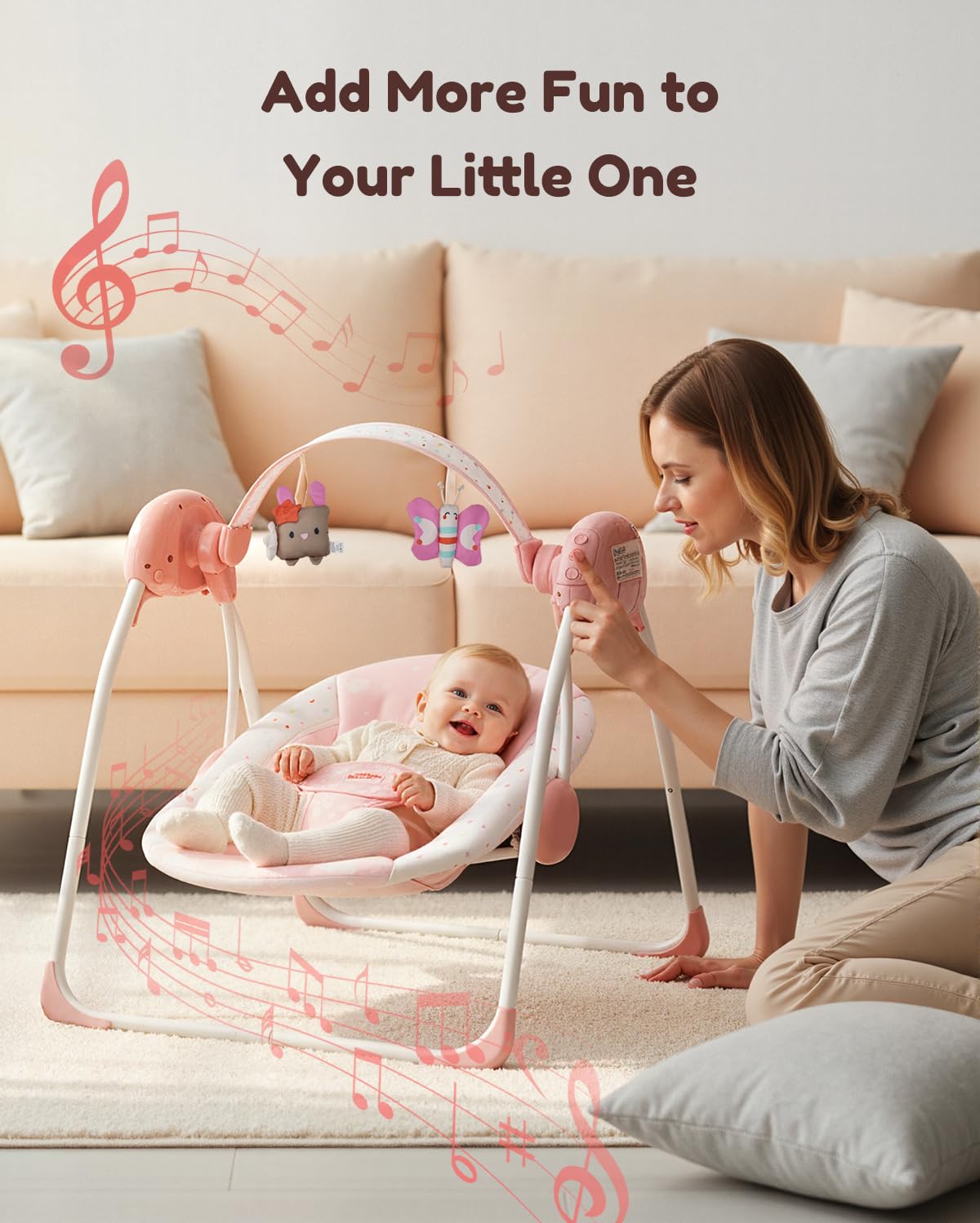 Baby Swings for Infants, Tiny Marvels Portable Swing with Adaptable Speed, Music, Removable-Toy-Bar, Foldable Infant Swing for Indoor and Outdoor Use, 0-9 Months 6-20 lbs(Blush Bloom)
