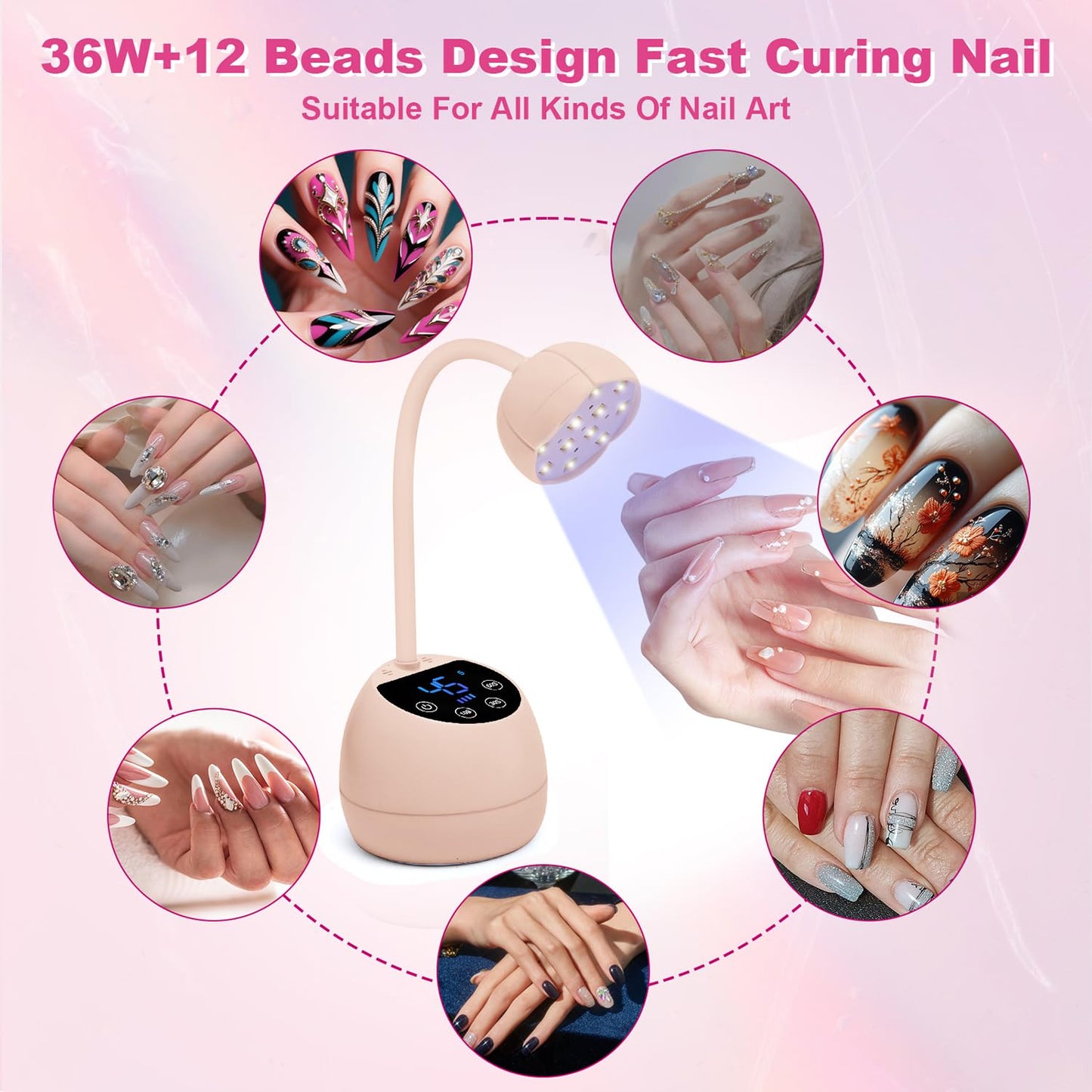 CGBE UV LED Nail Lamp, 36W Mini Cordless Flash Cure Lamp, USB Rechargeable Goosenecks LED Nail Light for Gel Nails with 4 Timers & Auto Sensor for Salon Home DIY Use, Pink