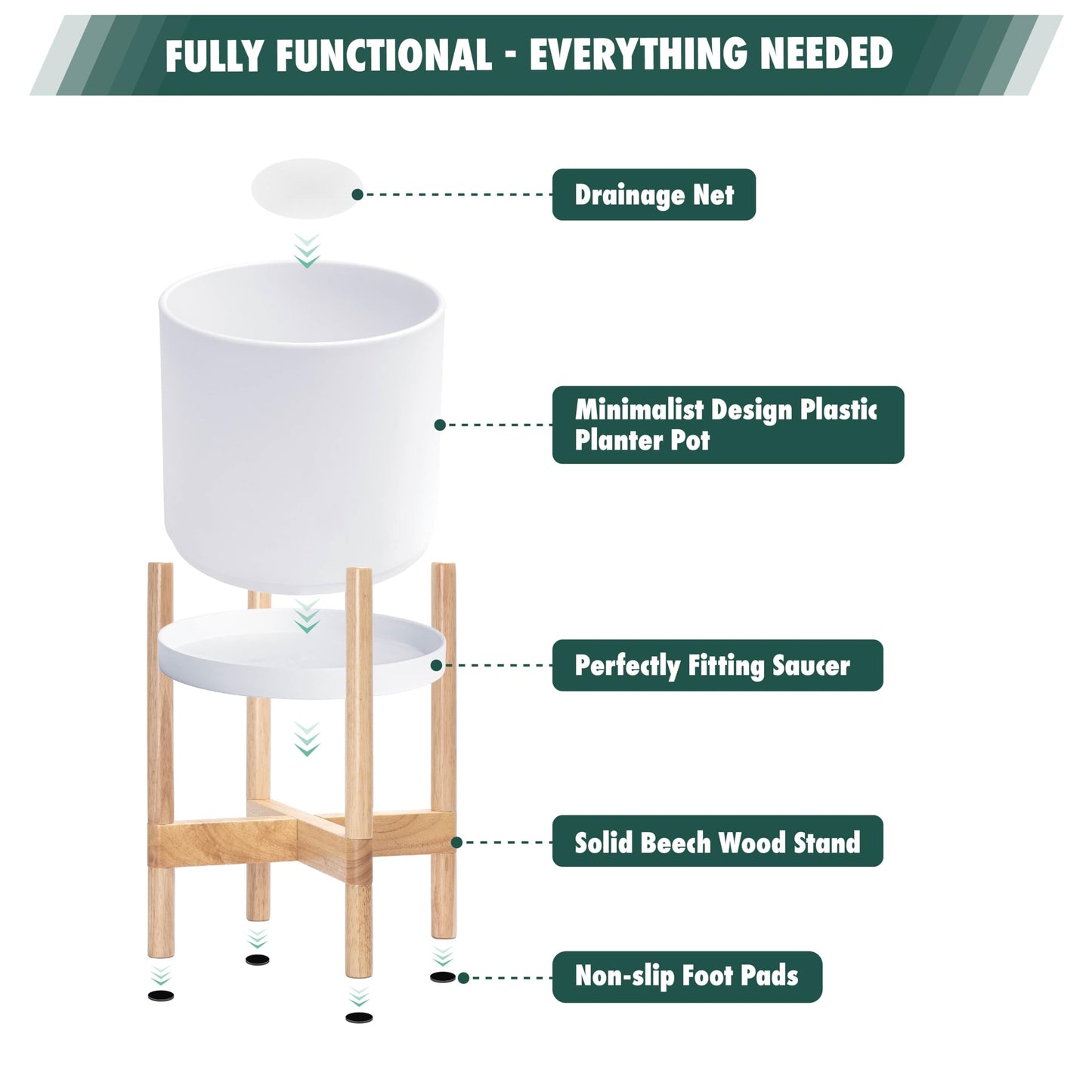 D'vine Dev Planter Pot with Stand - 12 Inch Plastic Cylinder Flower Pot with Wood Planter Holder for Indoor, Matte White Pot + Natural Stand, 55-C-P-1