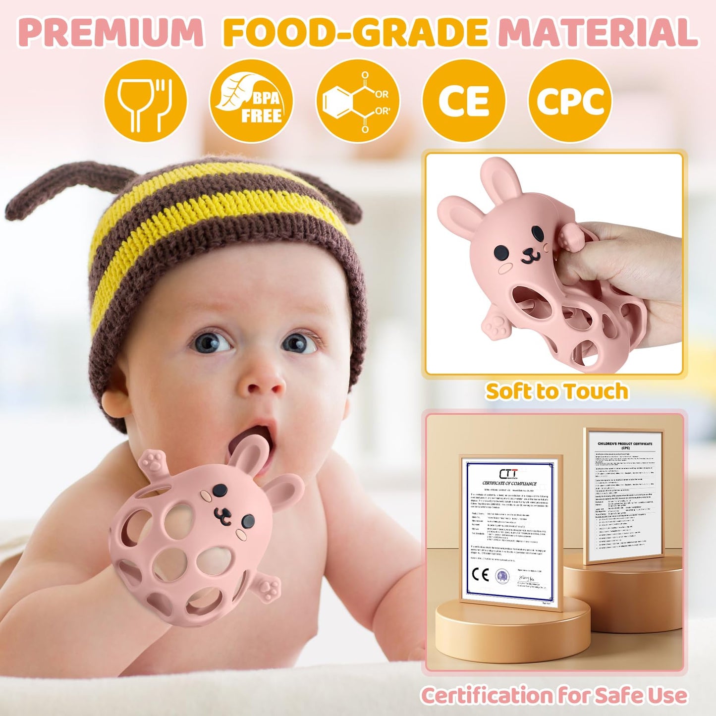 Orzbow Bunny Teether for Baby, Easter Teether with 2 in 1 Rattle & Teething, Easy Grasp Teething Mittens for Babies 3-12 Months, Food Grade Silicone, Newborn Infant Easter Basket Stuffers Gifts, Pink