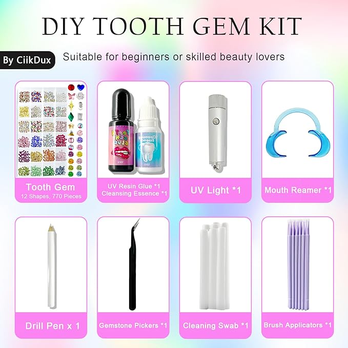 CiikDux DIY Tooth Jewelry Kit - 770 Crystals, 12 Shapes Bedazzle Gems, Teeth Jewelry Starter Set