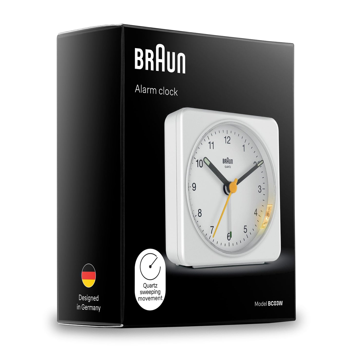 Braun Classic Analogue Alarm Clock with Snooze and Light, Quiet Quartz Sweeping Movement, Crescendo Beep Alarm in White, Model BC03W.