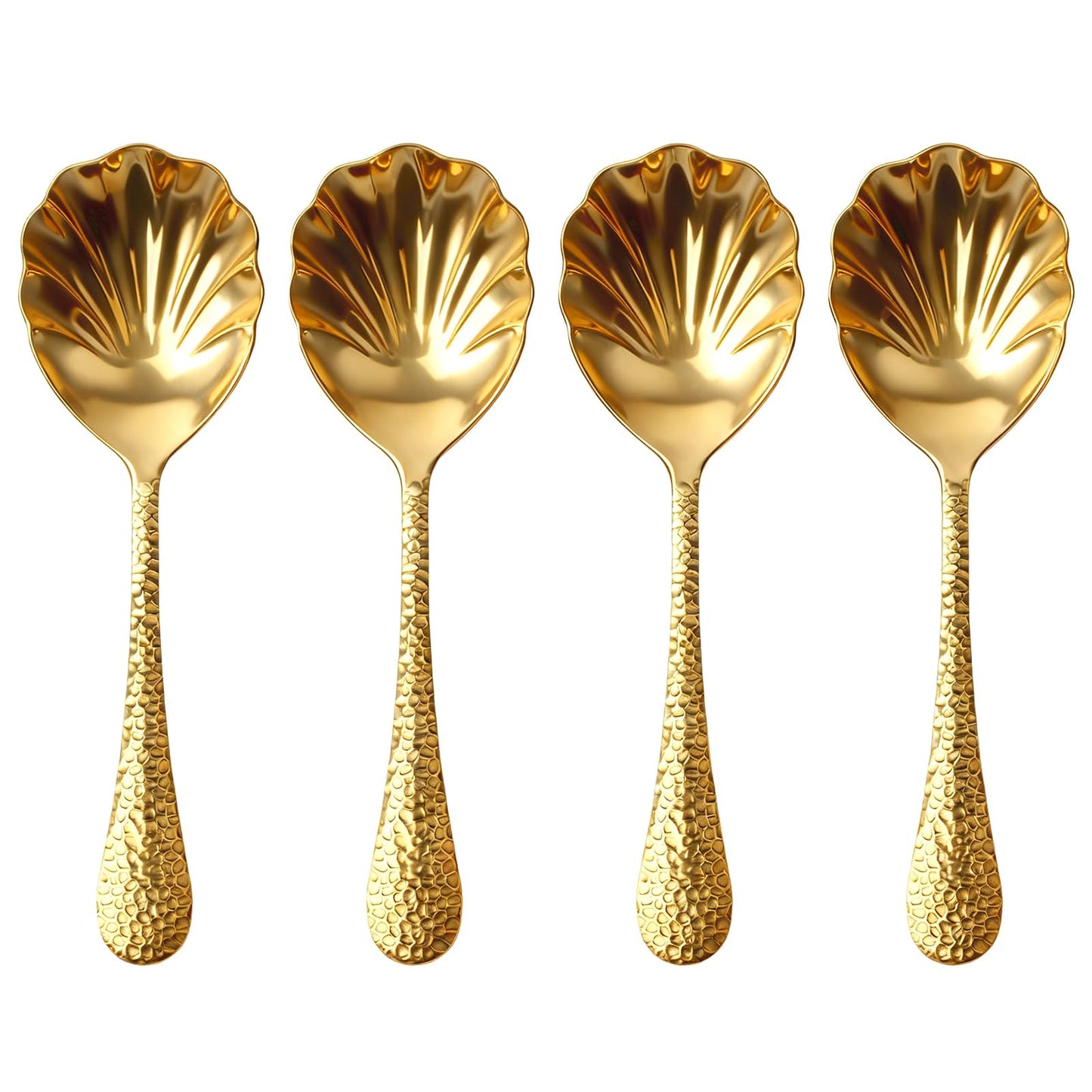 Serving Spoons 4Pack, 18/10 Stainless Steel Large Serving Spoons Set, Hammered Long Handle Serving Spoons for Buffet, Scalloped Design Serving Utensils for Kitchen Party Buffet Banquet (Gold)