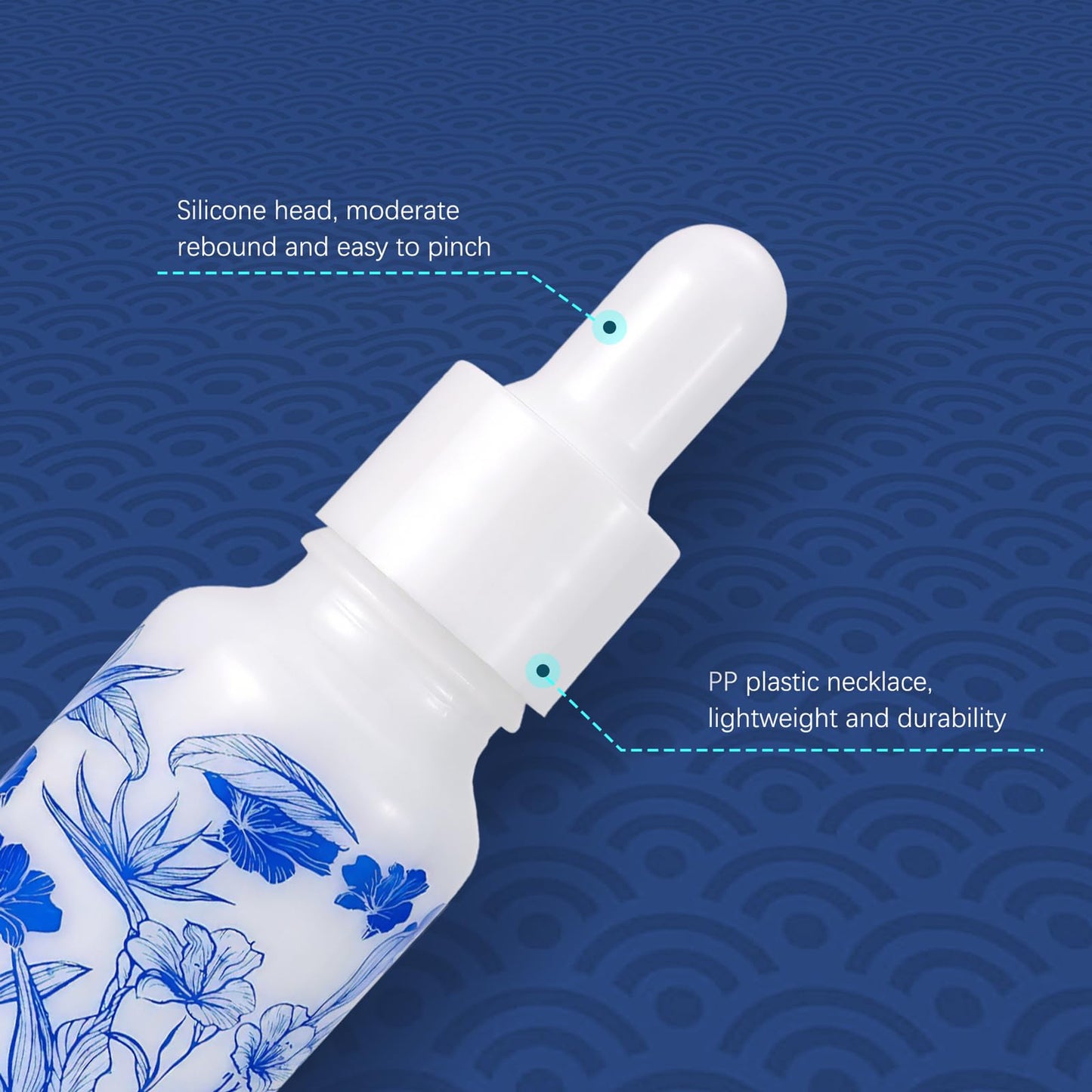 Newzoll 7pcs 10mL Ceramic Mini Dropper Bottles with 2 Funnels, Blue and White Porcelain, Leak Proof, Portable Travel, Refillable for Essential Oils, Tinctures, Liquids, Samples, DIY Crafts, Eye Care