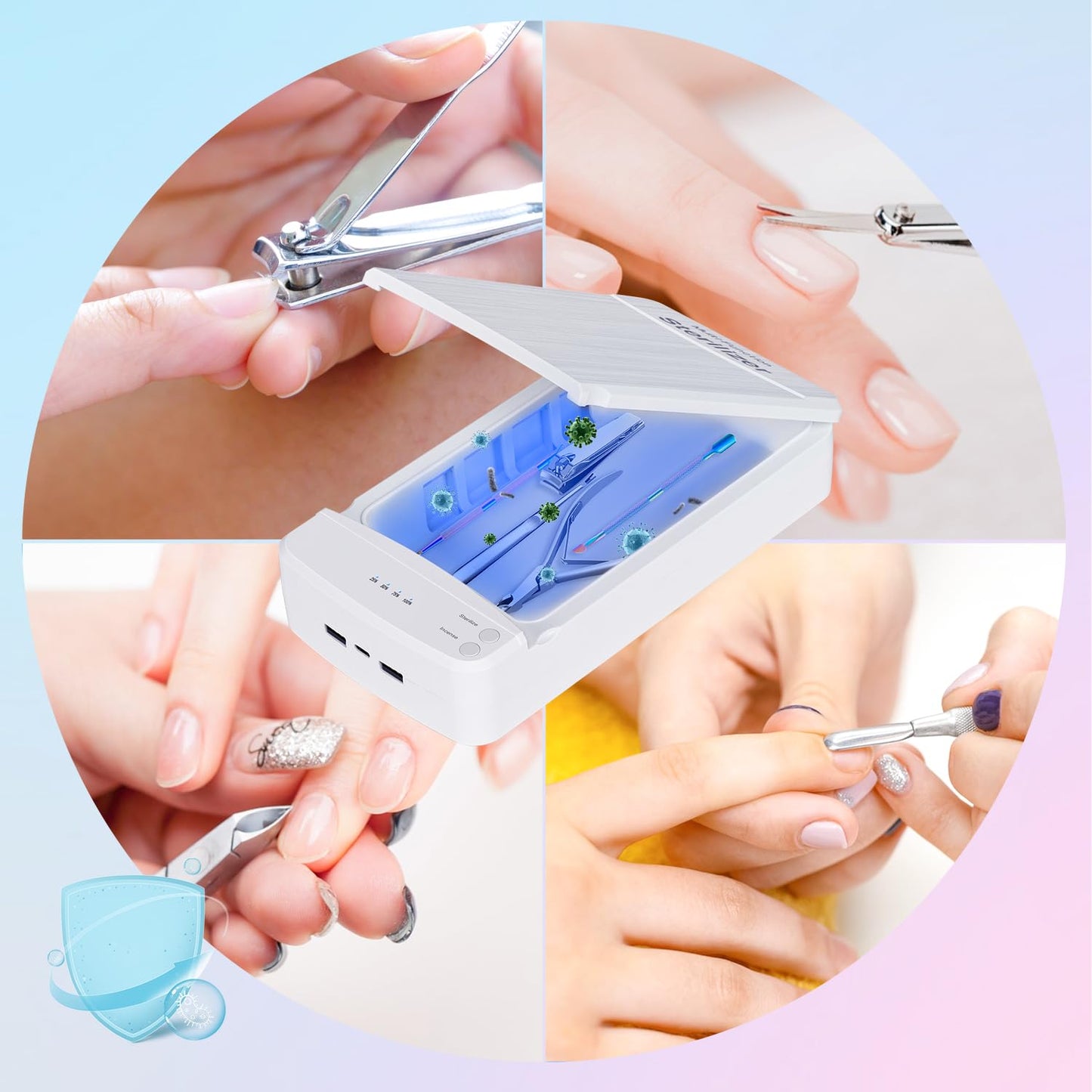 UV Light Nail Tool Cleaner Portable USB Cleaning Box 360° UV Cleaning Container Multi-function Aromatherapy Cleansing Box Manicure Tools Clean Machine for Nails Supplies Salon Phone Glasses White