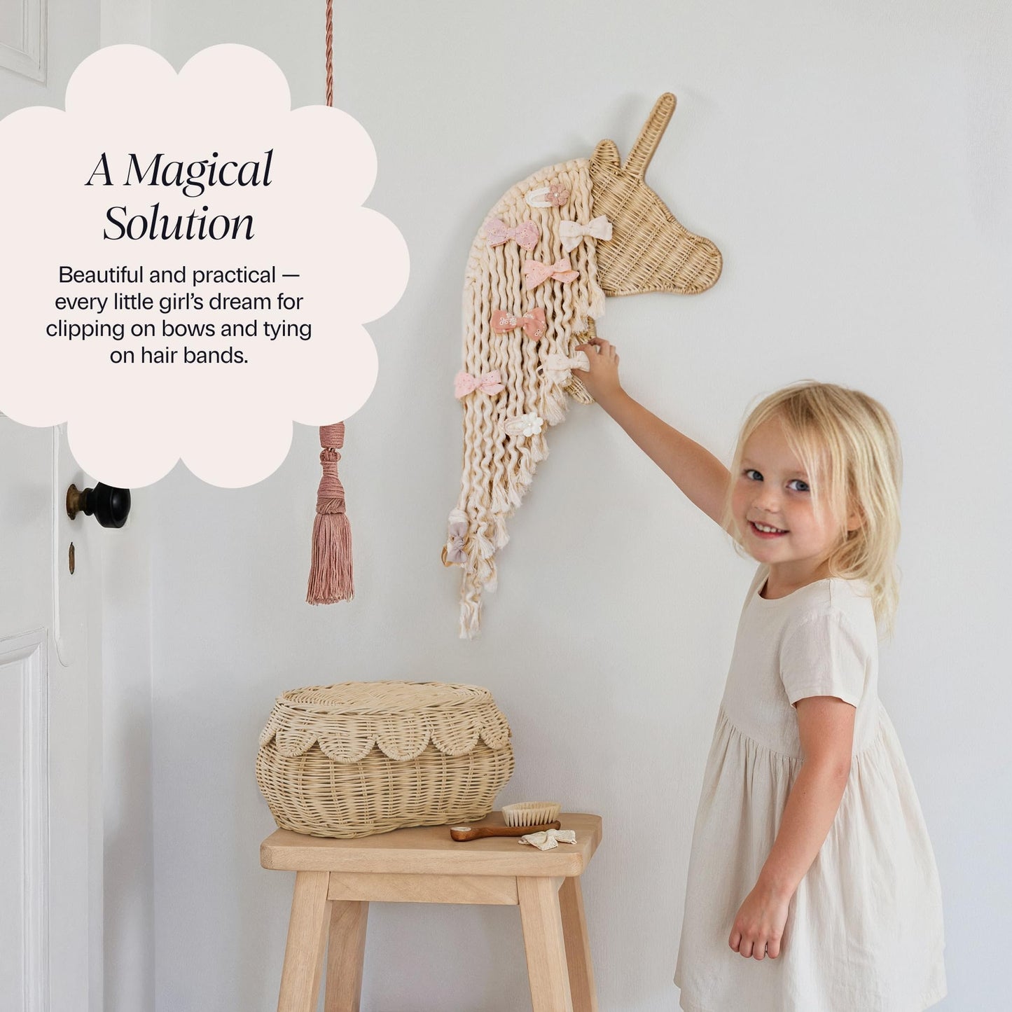 BEBE BASK Unicorn Boho Handmade Rattan Macrame Hair Bow Holder and Organizer for Girls