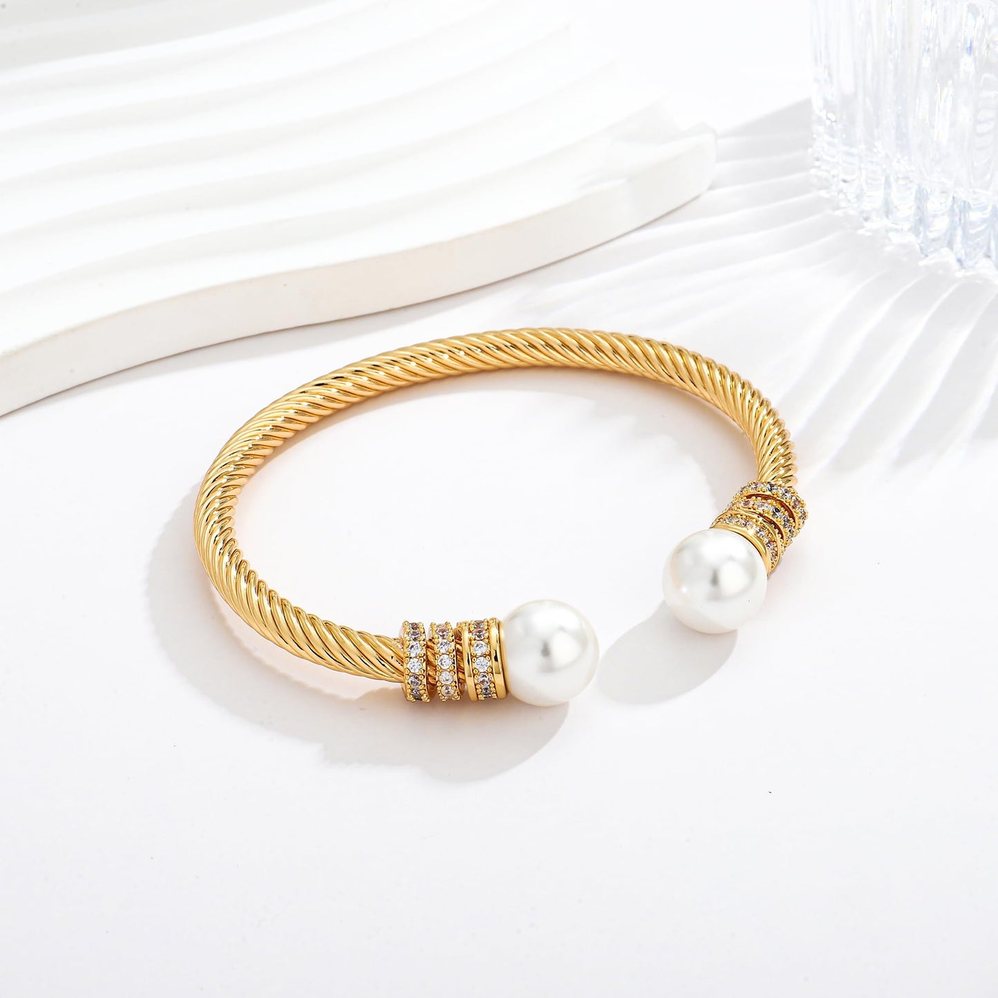 WOWORAMA Gold Cable Wire Cuff Bracelet for Women Stainless Steel Open Cuff Bangle Bracelets Adjustable Twist Cable Bracelet with Pearl Balls Jewelry