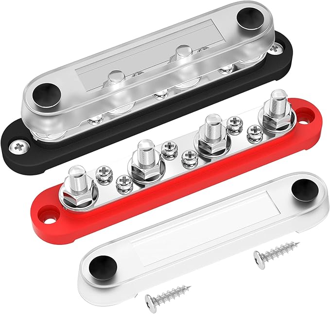 DAIERTEK Bus Bar Terminal Block 4 x 5/16" (M8) Terminal Stud, 6 x #8 (M4) Screw Terminal Positive & Ground Power Distribution Block with Cover Marine Battery Bus Bar 12V - 48V for Automotive Car Boat