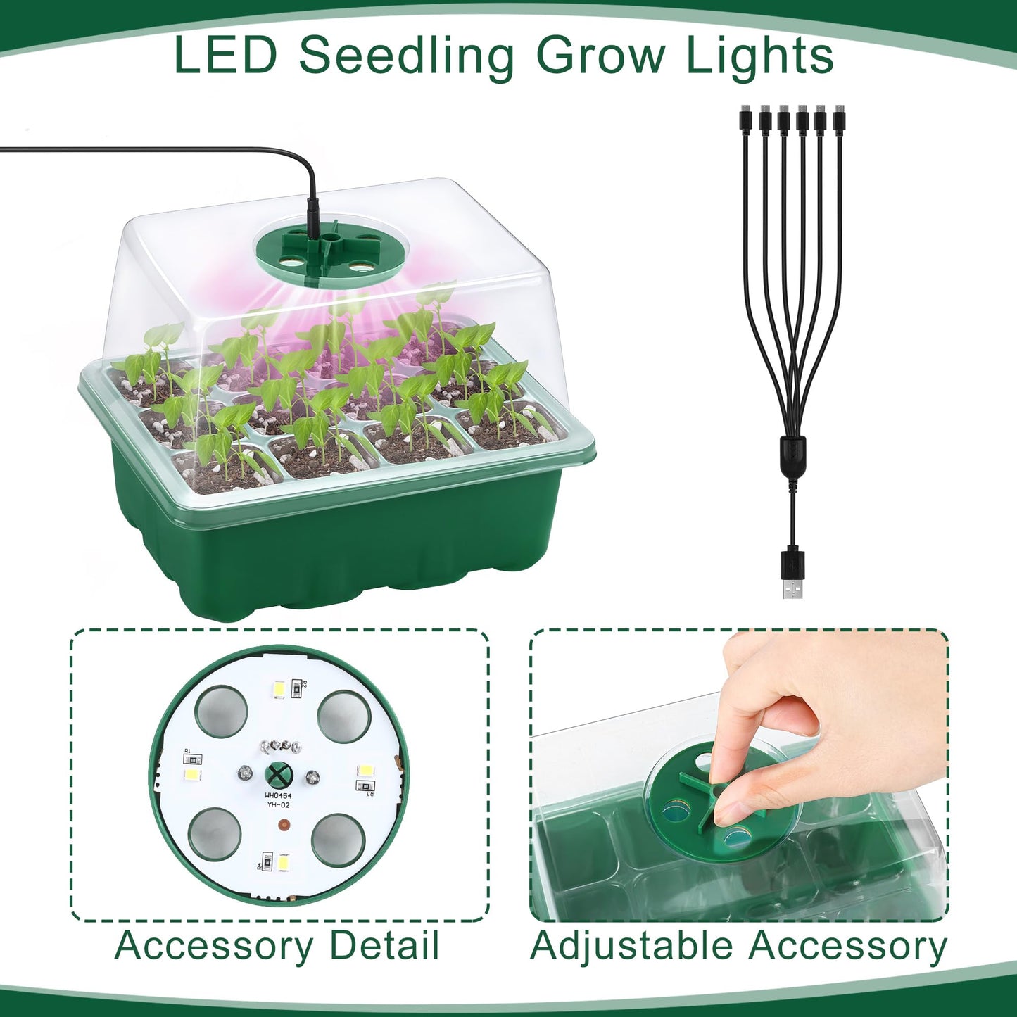 Hahood 6 Pack Seed Starter Tray Kit with Grow Light and Seedling Heat Mat 72 Cells Seed Starter Tray with Humidity Dome and Base Plastic Plant Growing Germination Trays for Seed Propagation, Green
