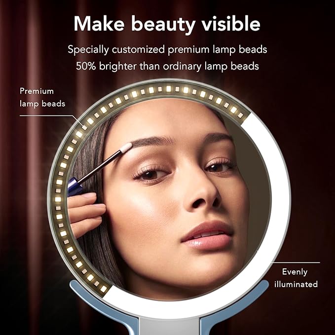LitBear Travel Makeup Mirror with Lights, Rechargeable Double-Sided 10X/1X Magnifying Mirror, Portable Lighted Beauty Mirror, 3 Color Lighting, Dimmable Touch Screen, Tabletop Handhold Hanging (Blue)