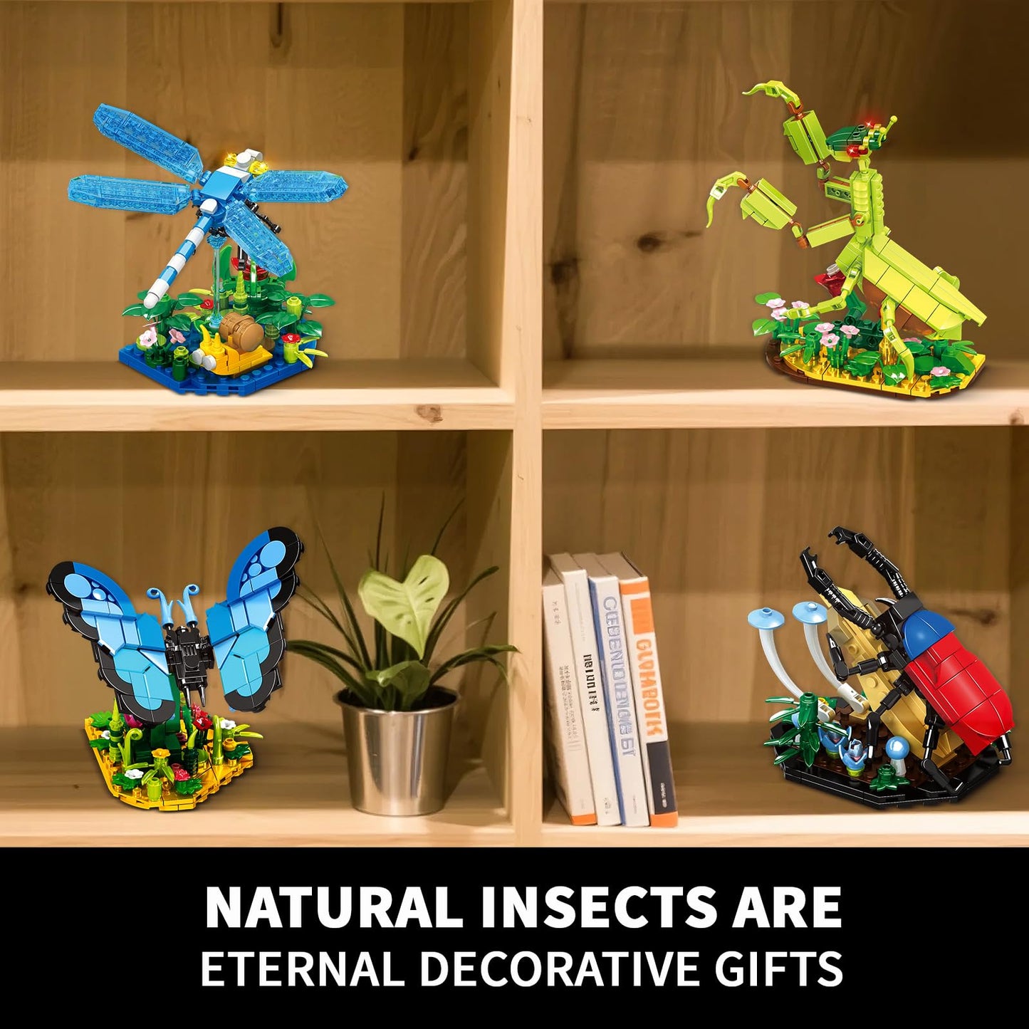 mesproud Ideas Insect Collection Toys, Bug Building Set with Life-Size Blue Morpho Butterfly, Hercules Beetle, Dragonfly and Chinese Mantis Display Models, Nature Décor Gifts for Adults Boys Girls
