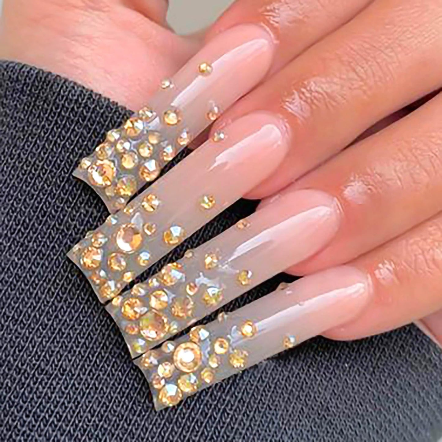 RUOKEXIN Long Square Press on Nails Gold Fake Nails Long False Nails with Gold 3D Rhinestones Designs Glue on Nails Glossy Artificial Nails Cute Stick on Nails for Women 24Pcs