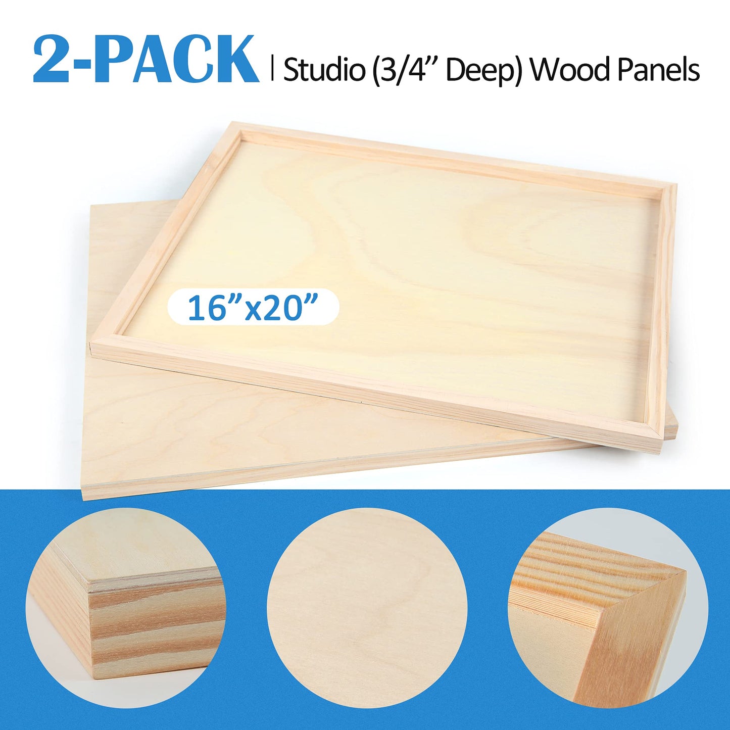 Unfinished Birch Wood Canvas Panels Kit, Falling in Art 2 Pack of 16x20’’ Studio 3/4’’ Deep Cradle Boards for Pouring Art, Crafts, Painting, and More