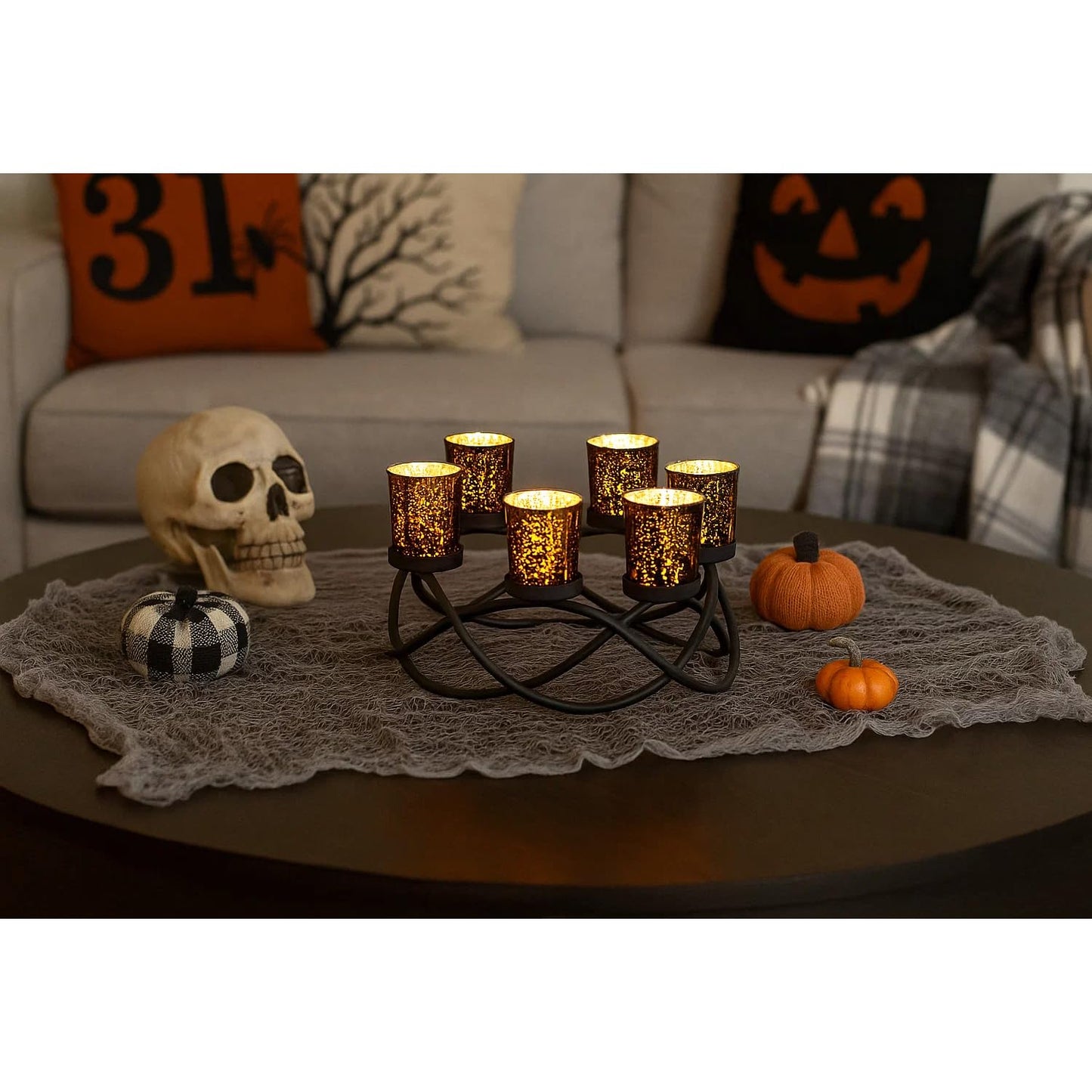 Seraphic Halloween Candle Holder Centerpiece Decoration – Black Metal Iron 6-Cup Votive Tealight Holder for Spooky Table Gothic Decor, Kitchen & Dining Room, Coffee Tables
