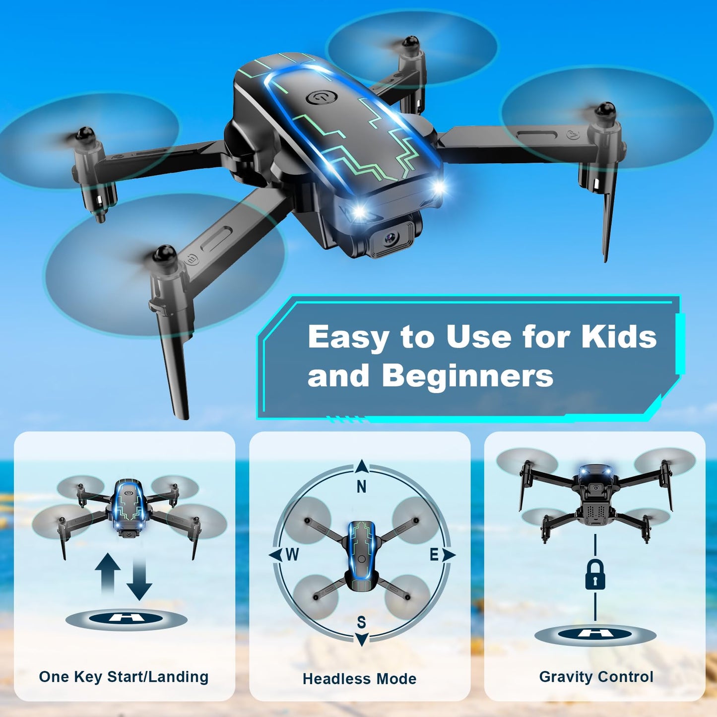 Mini Drone with Camera for Adults Kids - 1080P HD FPV Camera Drones with 90° Adjustable Lens, Gestures Selfie, One Key Start, 360° Flips, Toys Gifts RC Quadcopter for Boys Girls with 2 Batteries