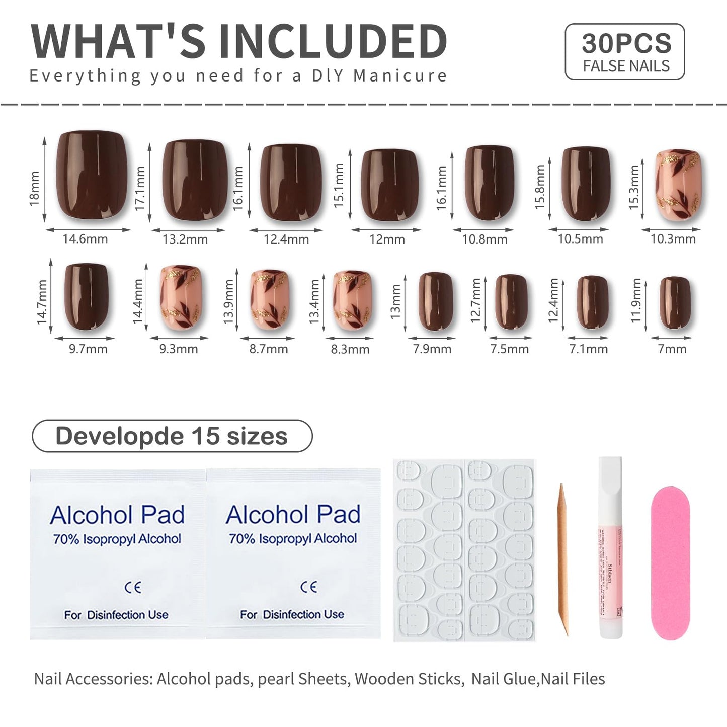 Stbisen Dark Brown Press On Nails, Short Square Soft Gel Fake Nails with Gold Leaf Accents & Glitter Design, Glossy Acrylic Look, Thick Natural Glue On Nails for Women Gift, Suitable for Work, 30Pcs