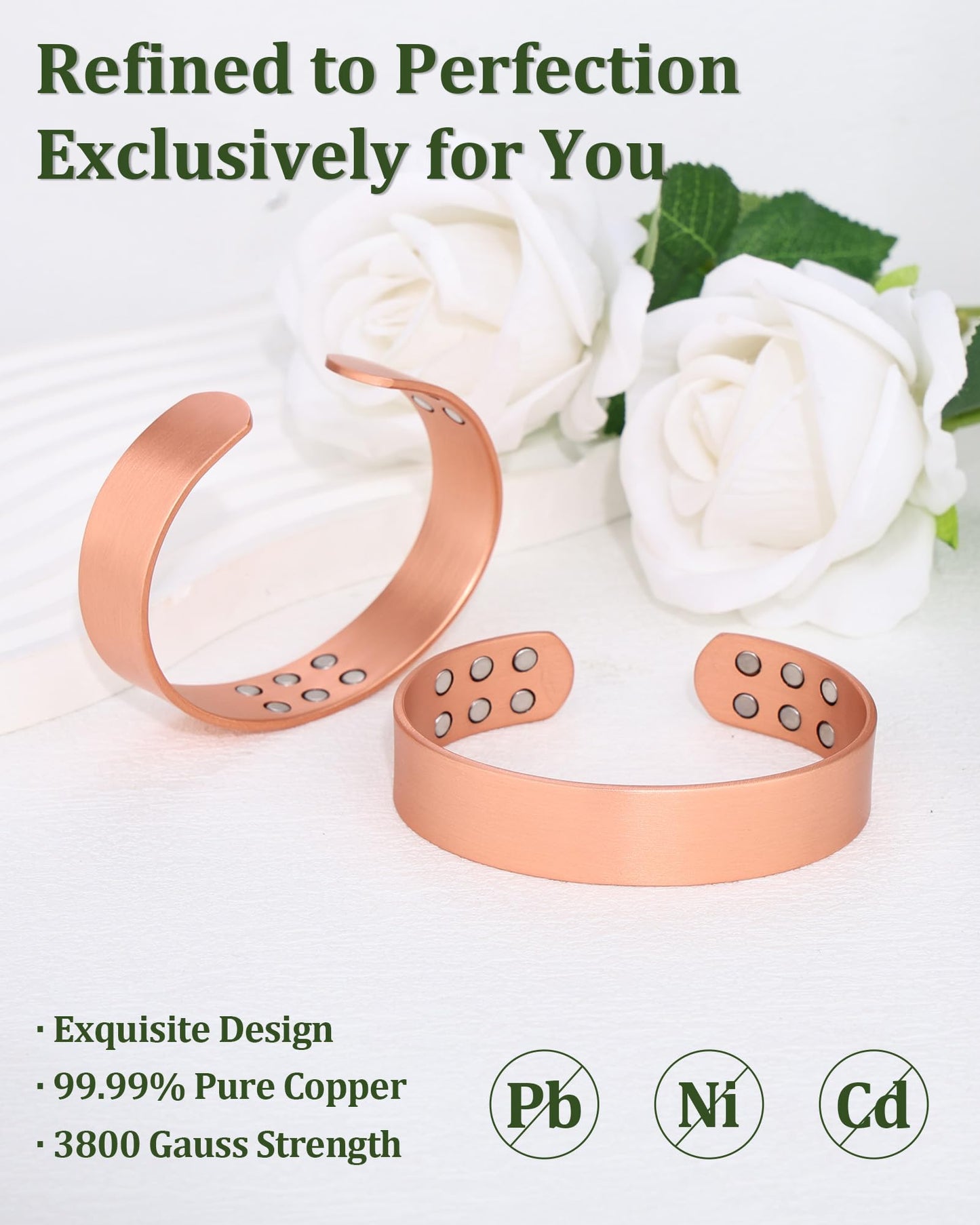 Fashtour Copper Bracelet for Men and Women, 99.99% Pure Copper Magnetic Bangle with 18pcs 3800 Gauss Magnets, Adjustable Jewelry Gift（Plain Design）