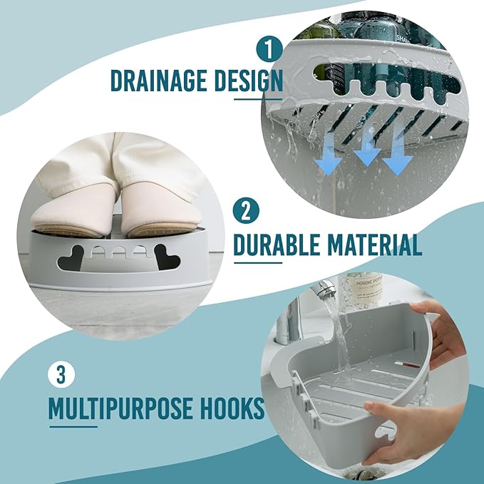 TAILI Suction Corner Shower Caddy, Bathroom Shower Shelf Storage Basket Wall Mounted Organizer for Shampoo, Conditioner, Plastic Rack for Kitchen & Bathroom, Drill-Free Removable (2 Pack)-Grey