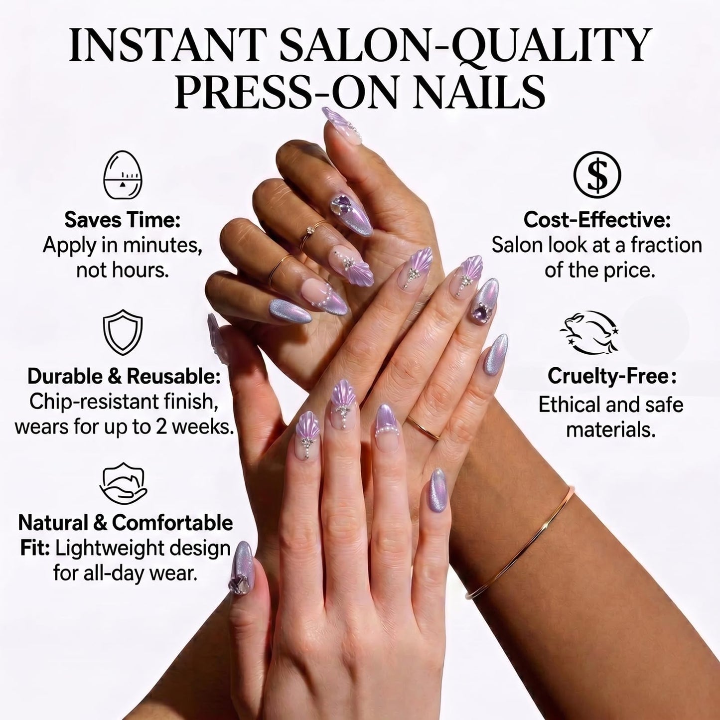 IMRAIN Almond Press on Nails, Medium Fake Nails, Purple Cat Eye 3D Mermaid Tail Pearl Heart, 30Pcs Reusable Glue on Nails for Women, Salon Quality