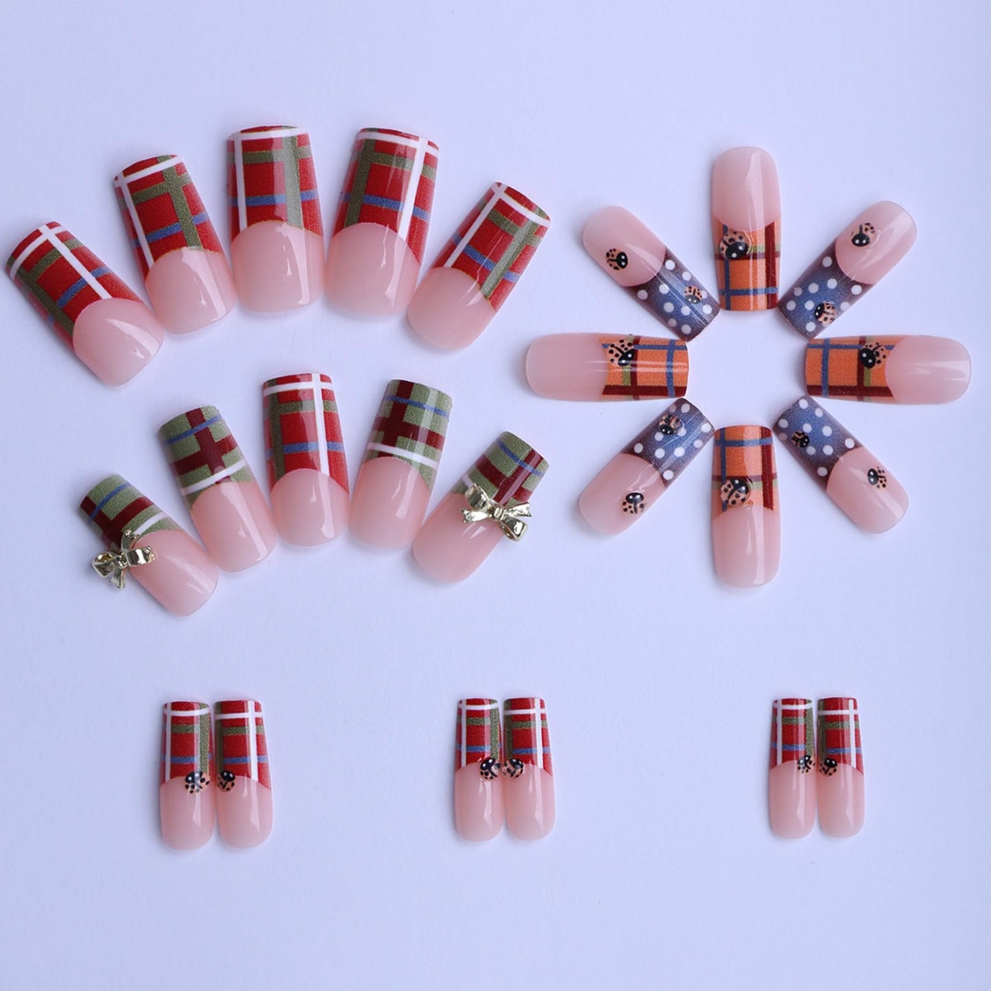 Long Press on Nails Square Fake Nails Red Artificial Nail Seeneey Gold Bow Designs CheckeredStick on Nail for Women 24pcs