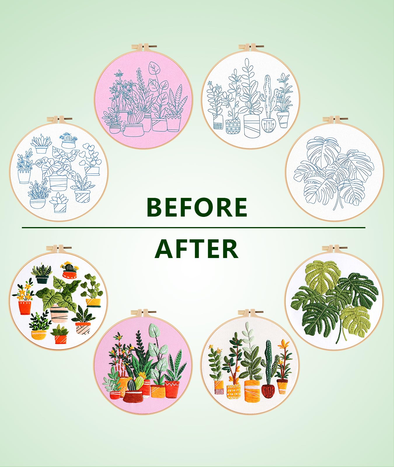 Irosiy 4 Pack Embroidery Kit for Beginners - 4 Cute Plant Pot Patterns, All-Inclusive Starter Set with Pre-Printed Canvas, Hoops - Handmade Home Decor Gift for DIY Craft Lovers