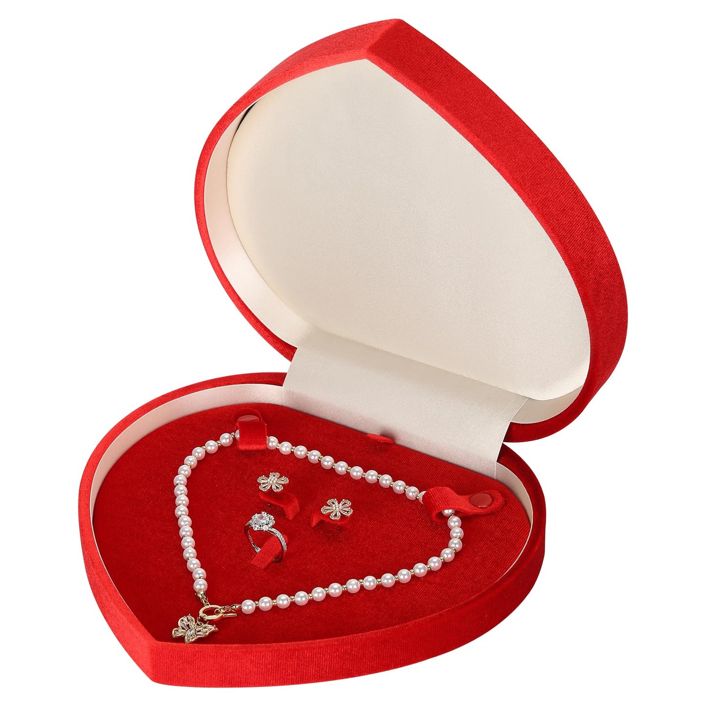LETURE Large Jewelry Set Gift Box, Heart-Shaped Velvet Necklace Ring Earring Pearl Storage Organizer Holder Box (RED)