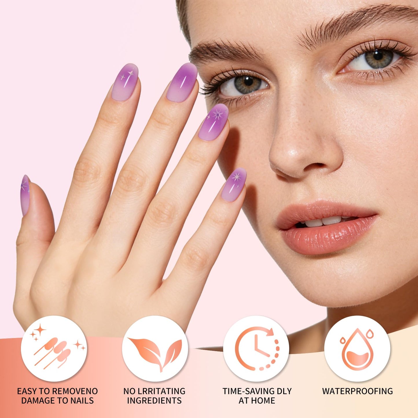 Semi Cured Gel Nail Strips -Taro Gradient Star - Stylish Nail Wraps, No UV Light Needed, Effortless Application & Removal, Salon Quality, Includes 16 Wraps, 1 Prep Pad, Wooden Stick & Nail File