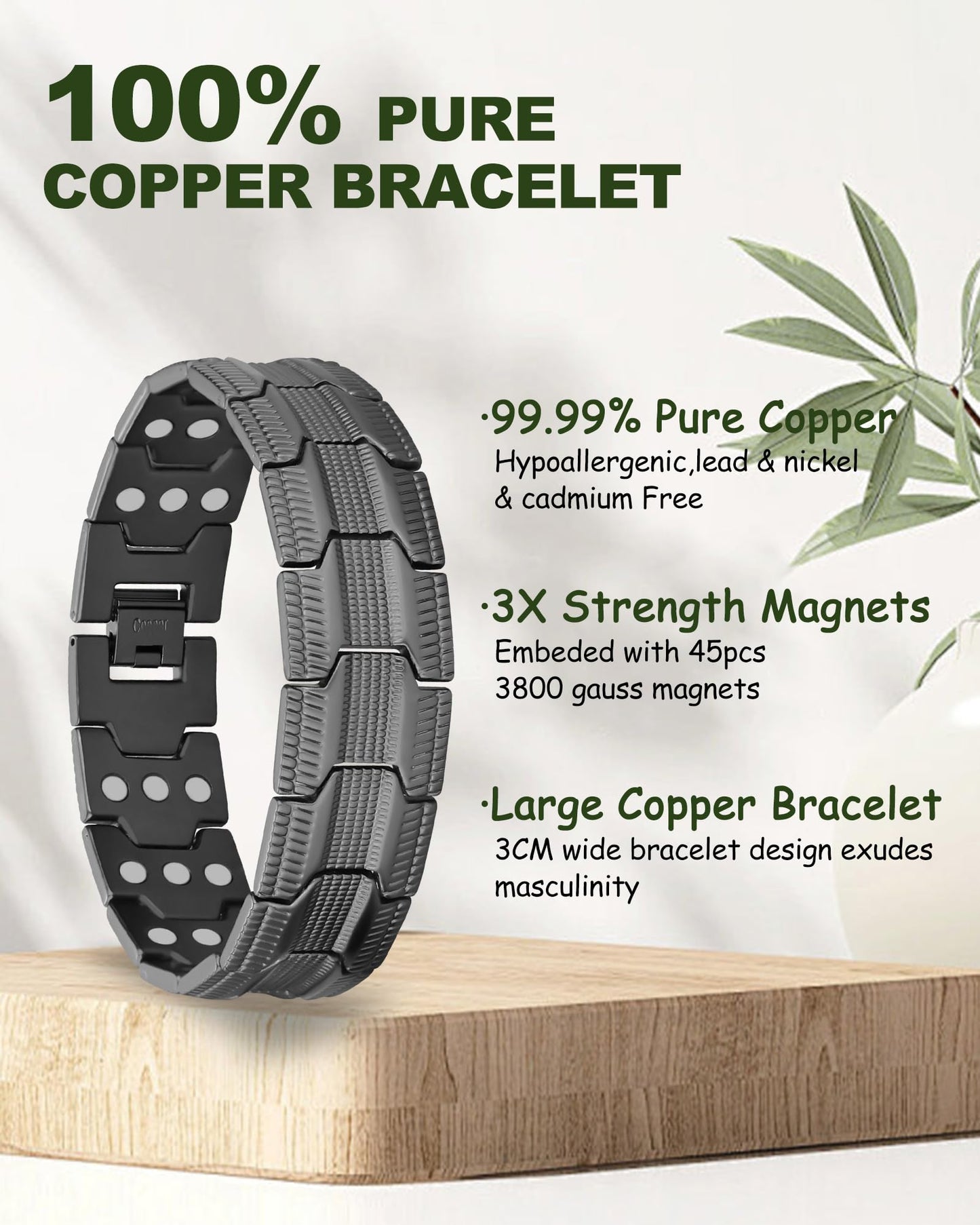 MagEnergy Copper Magnetic Bracelet for Men, 3X Strength 3800 Gauss Magnets, 99.99% Copper Bracelet with Copper Ring, Adjustable Length with Sizing Tool