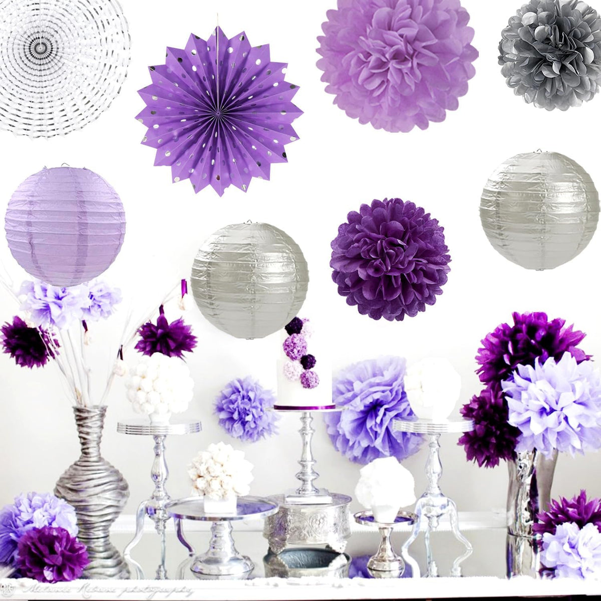Purple Lilac-Lavender Silver Women Birthday Party-Decorations - 21pc Happy Banner,Paper Lanterns Streamers,Tissue Pom Poms Honeycomb Flower Fan, Girls Hanging Decor Supplies Garland Backdrop Huglony