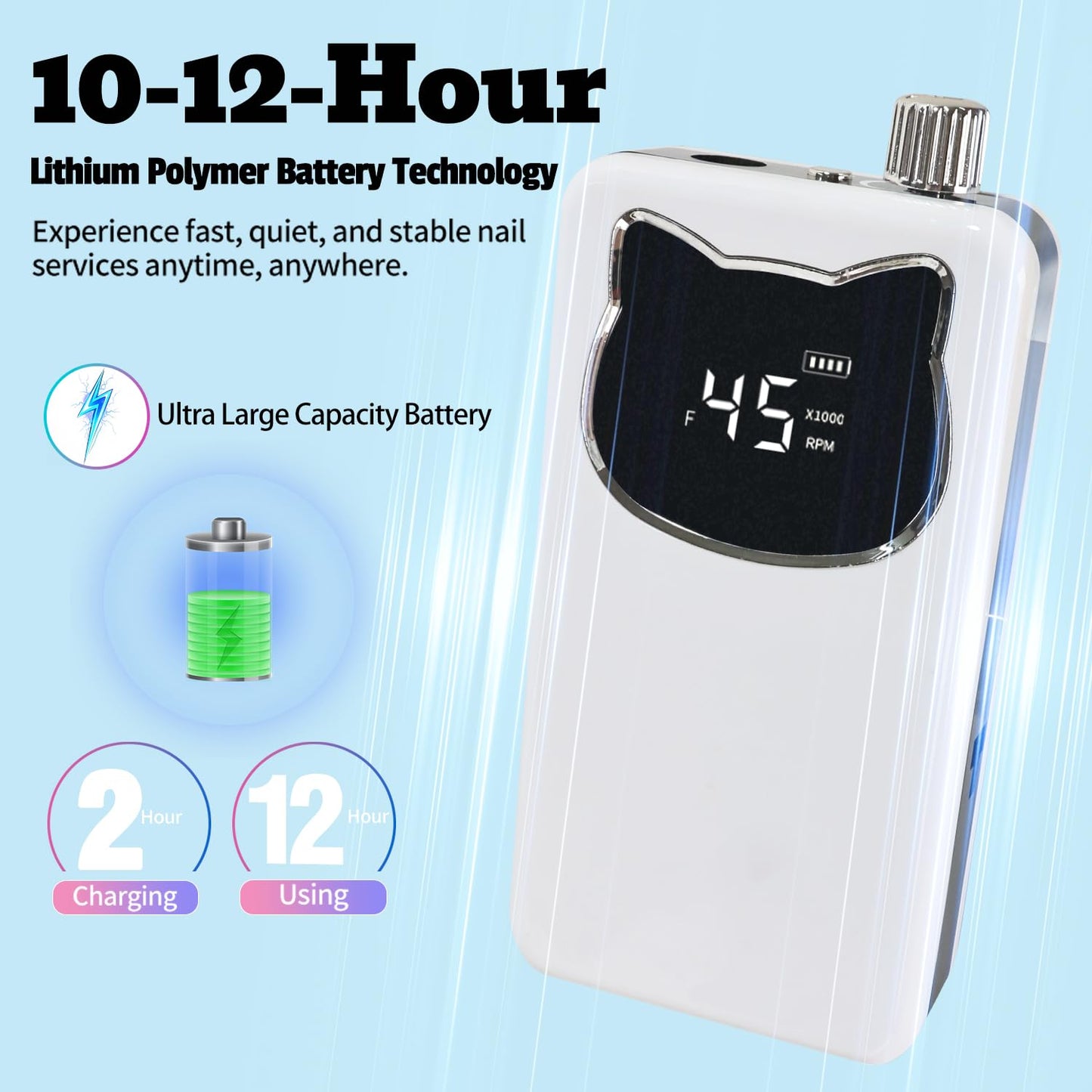 Professional Nail Drill File 45000RPM Electric Portable Nails Drills Kit with Rechargeable 7 uñas Bits Cordless Efile for Poly Gel Acrylic Nails Remover Home Salon Pedicure Manicure Tool (White)