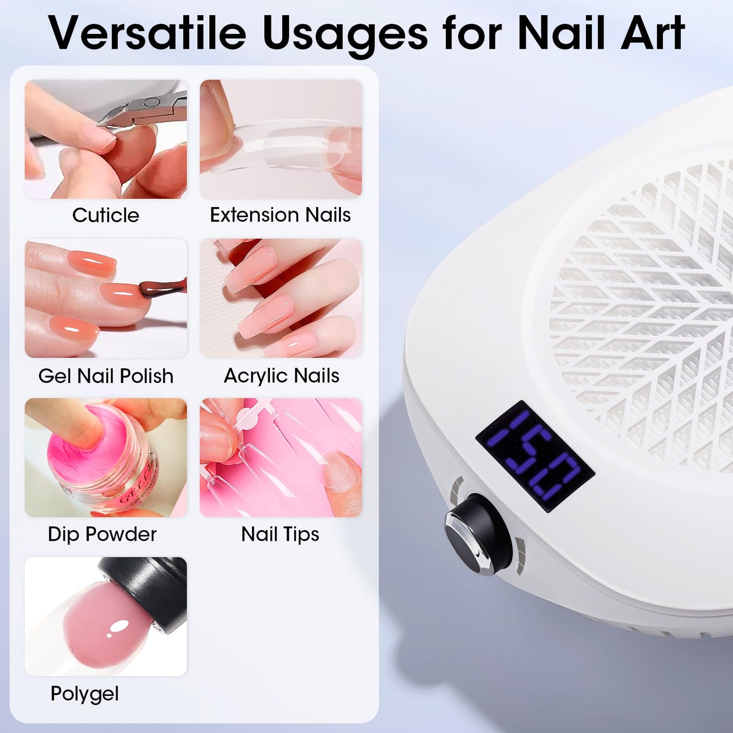 Gellen Nail Dust Collector with LED Display, 4000RPM Powerful Suction Vacuum Fan with Reusable Filter, Soft Ergonomic Shell Nail Vacuum Cleaner for Acrylic Nail Tech, Home & Salon