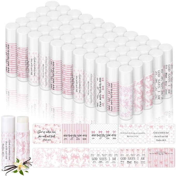50 Pack Christmas Christian Religious Gifts Bulk Pink Bow Lip Balms for Women Church Party Favors Bible Verse Lip Balms Bulk Gifts for Coworkers Staff Employee Christmas Stocking Stuffers