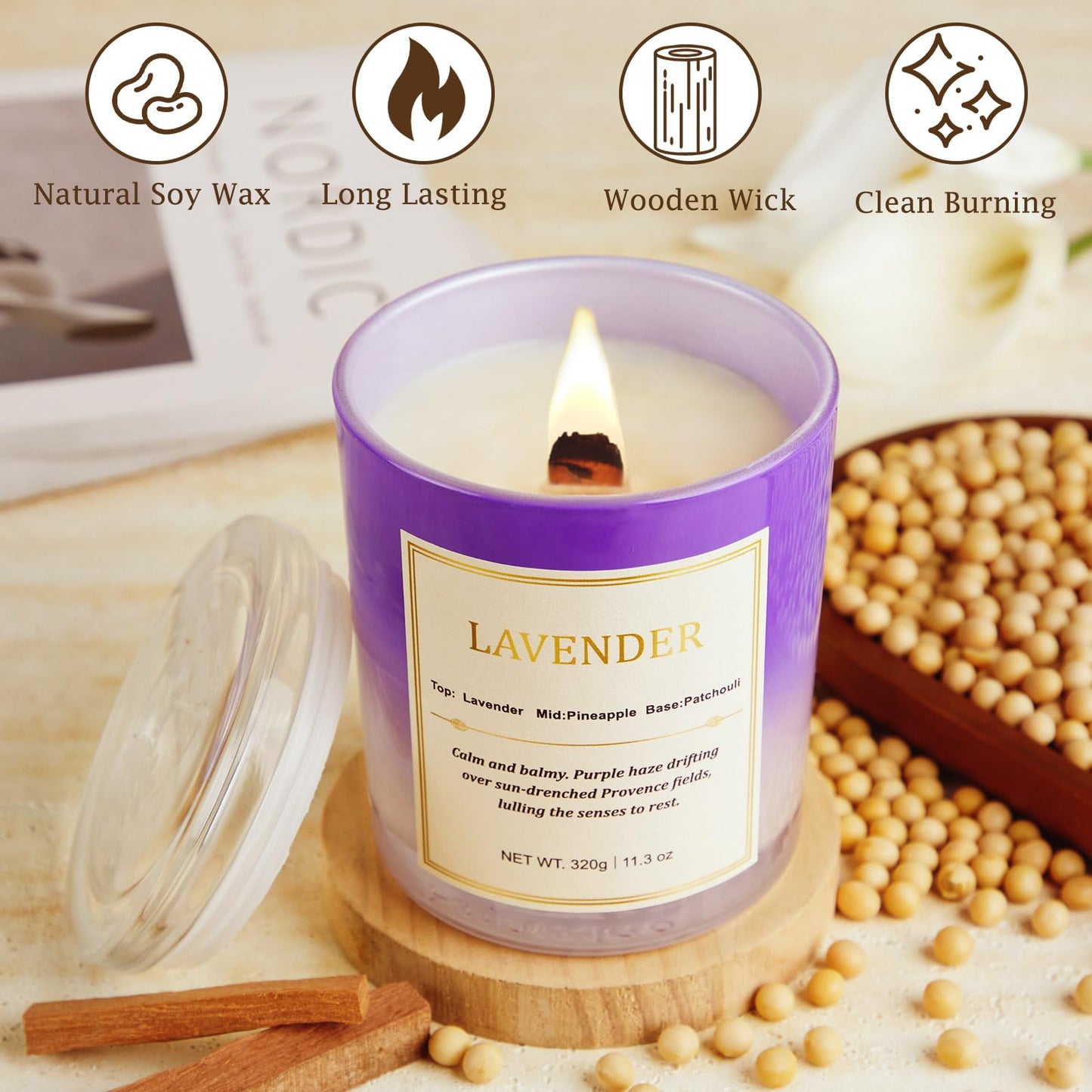 Lavender Candle Gift Set – 2 Pack Wood Wick Soy Wax Scented Candles with Gift Boxes, Long Lasting Relaxing Aromatherapy Candles for Home Decor, Holiday Gifts