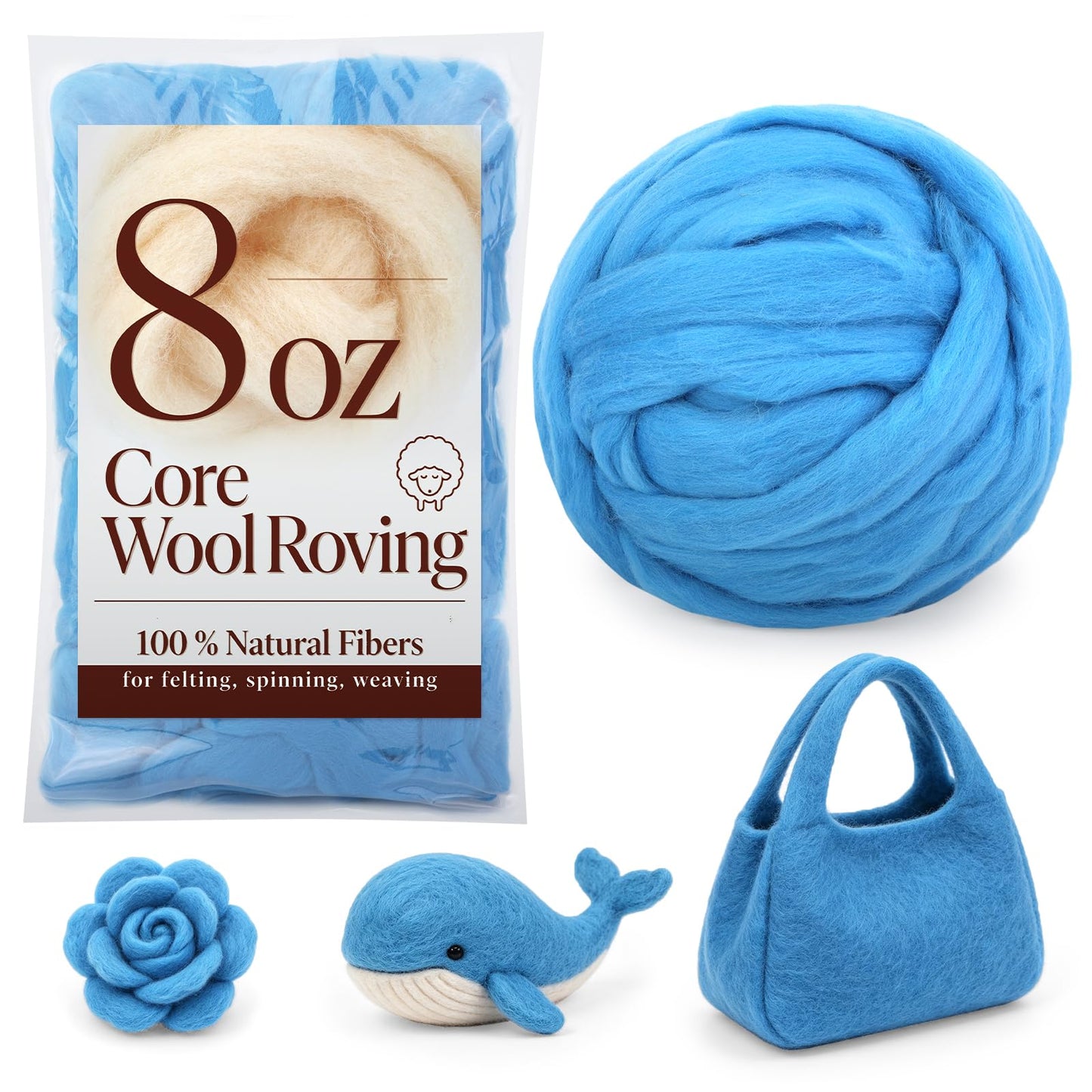 Core Wool for Needle Felting, 8 OZ Merino Wool Roving, Soft Felting Wool for Spinning, Needle Felting Supplies, Chunky Yarn, and Wet Felting, Blue