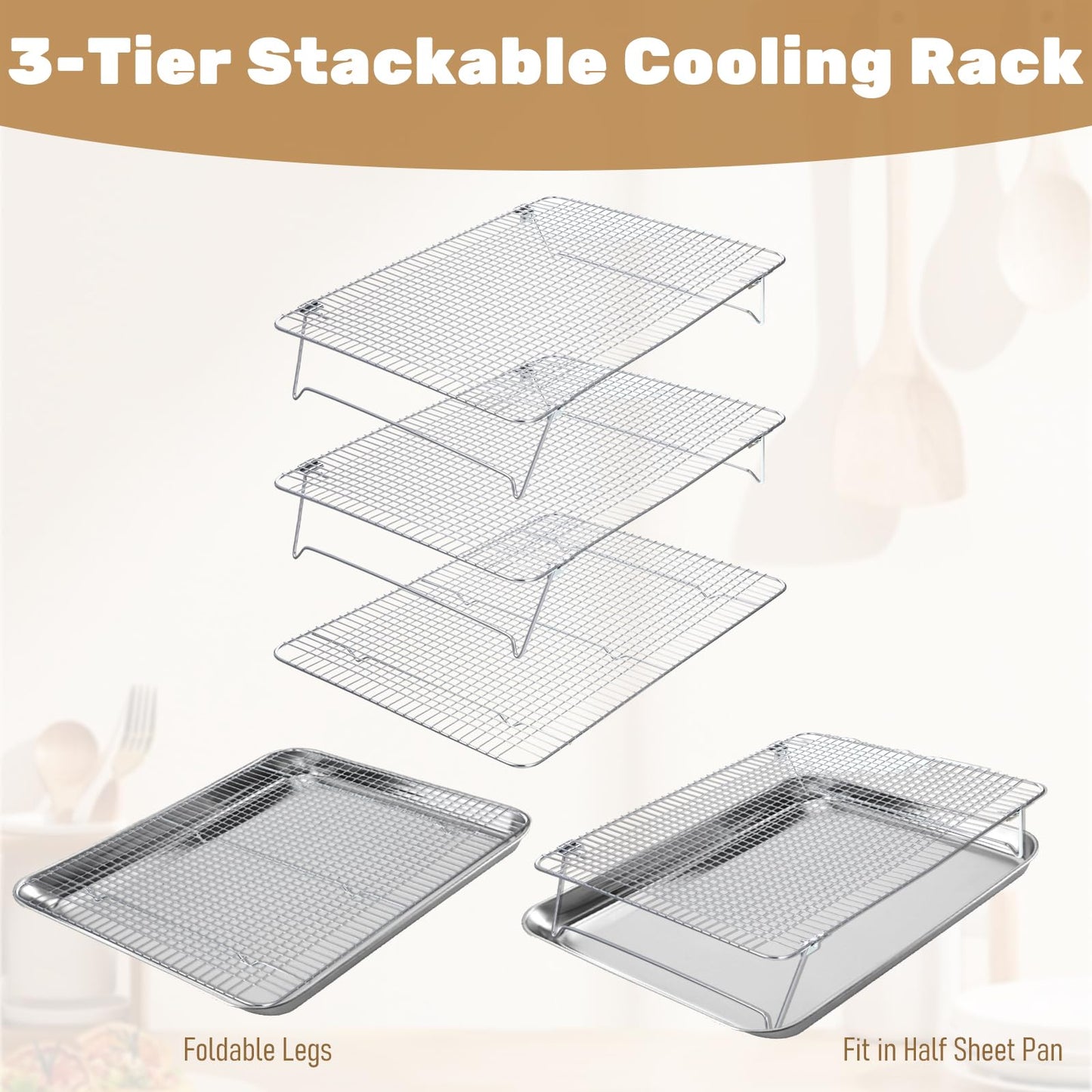 Stainless Steel Stackable Cooling Rack for Baking, 3-Tier Cooling Rack Set, Stackable Heavy Duty Stainless Steel Wire Racks, for Baking Cooking Grilling, Oven & Dishwasher Safe, 12”x 16.5”, Silver