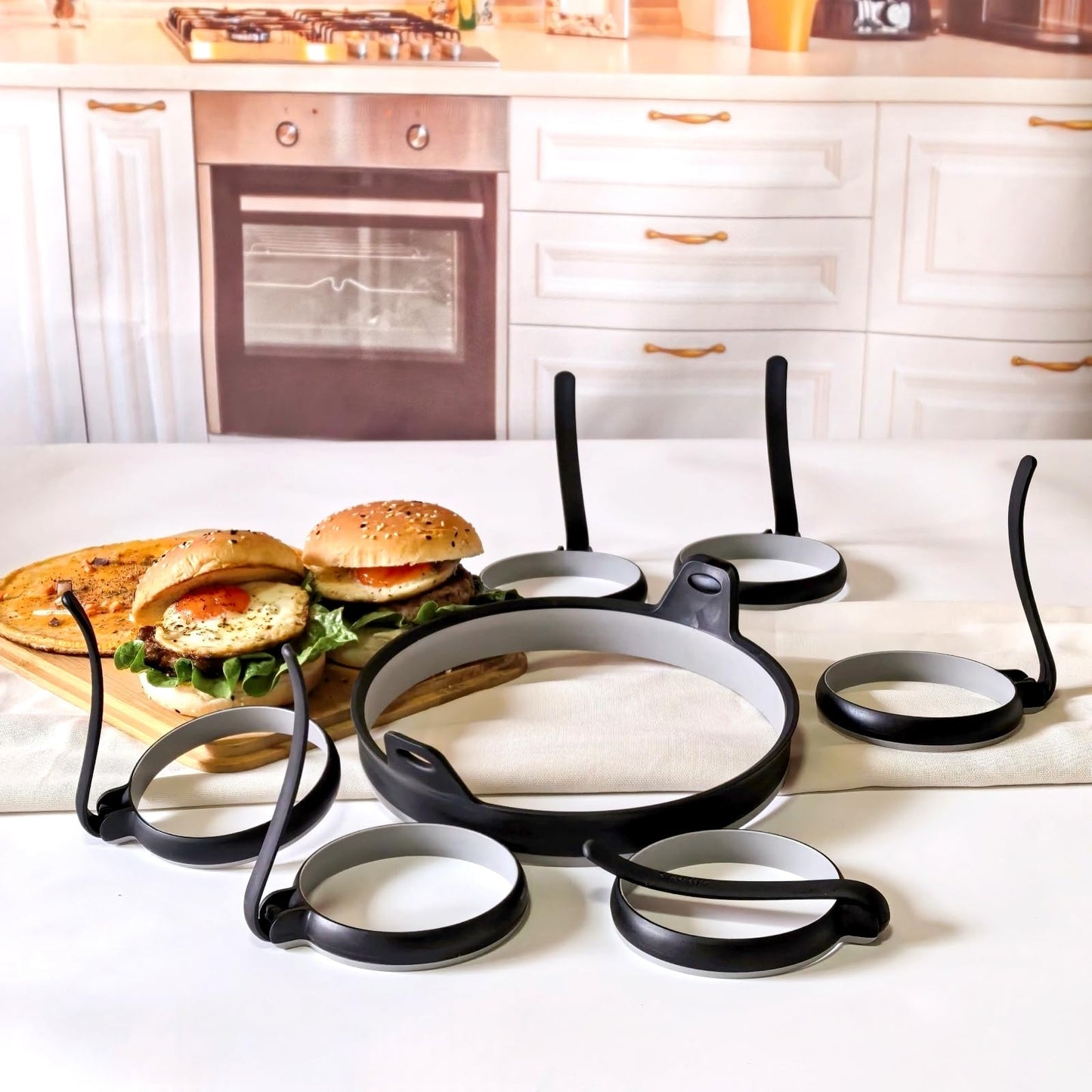 GAGAQI Nonstick Silicone Egg & Omelet Ring Kit,4" Egg Rings & 8" Omelet Ring, Egg Rings for Frying Eggs, Pancakes, Patties and English Muffins, 7 Piece Set (BLACK)