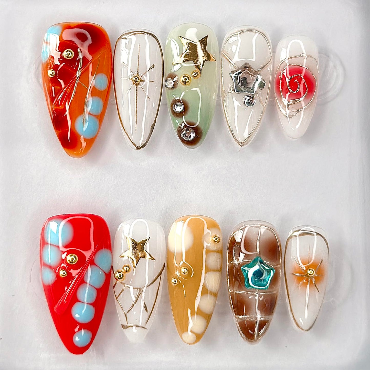Luxury Press on Nails Medium Almond Handmade 3D Unique Reusable ABS Material Fake Nails Y2K Silver Curve Line False Nails with Designs Stars Art Glossy Glue on Nails Thick Acrylic Nails(S)