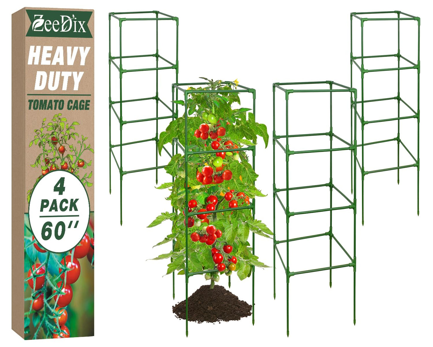 ZeeDix 4 Pack Tomato Cages for Garden 60 Inches, Heavy Duty Square Adjustable Tomato Trellis Cage Climbing Plant Support Trellis Plant Cages for Climbing Vegetables Flowers with 40Pcs Clips