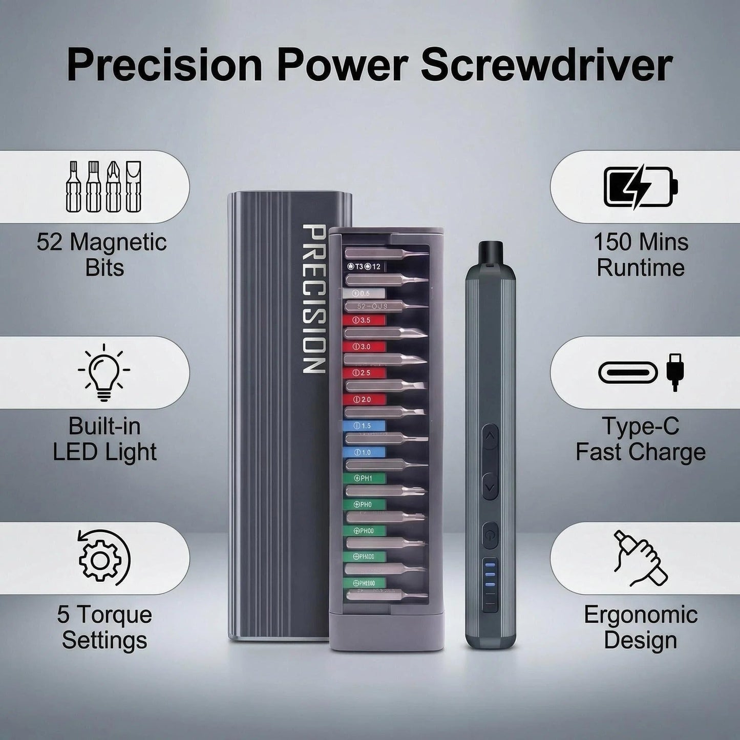 JIEHET Mini Electric Screwdriver Set, Cordless Screwdriver, Max 0.5N.m, 52 Magnetic Bits, LED Light, Magnetic Storage, Repair Tool for Electronics, Camera, Laptop, and PC Build