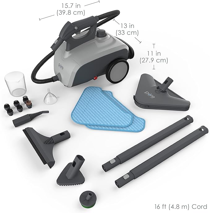 Pure Enrichment PureClean Steam Cleaner with 17 Accessories, Multi-Purpose Household Rolling Steamer for Chemical-Free Deep Cleaning of Floors, Upholstery, Windows, Grout, Grills, Cars, and More