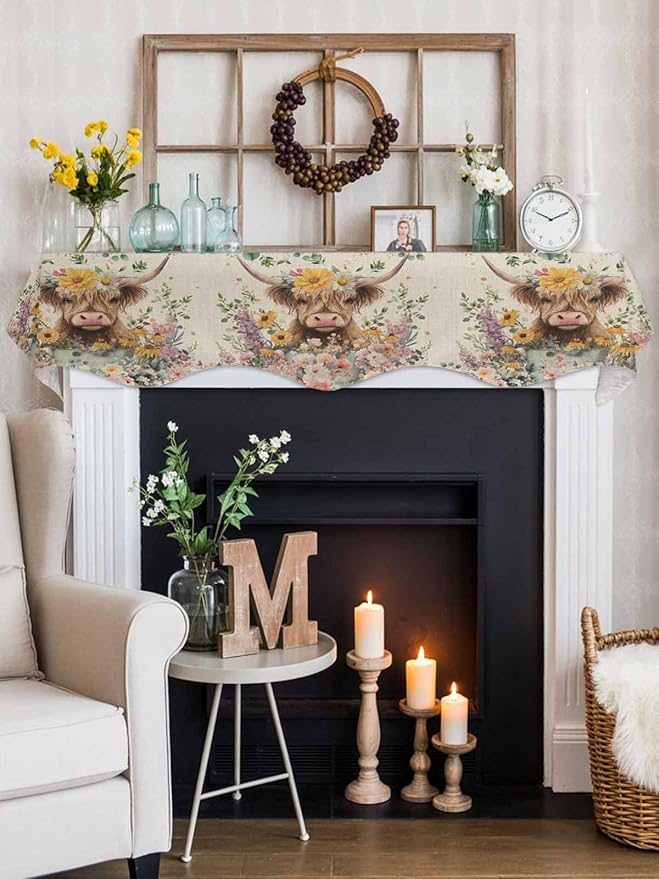 Spring Cow Floral Fireplace Mantel Scarf Table Runner, Green Eucalyptus Leaves Linen Winter Garland Mantel Top Tablerunners Dresser Scarves Cover Decorations for Windows Party Living Room 60''x17''