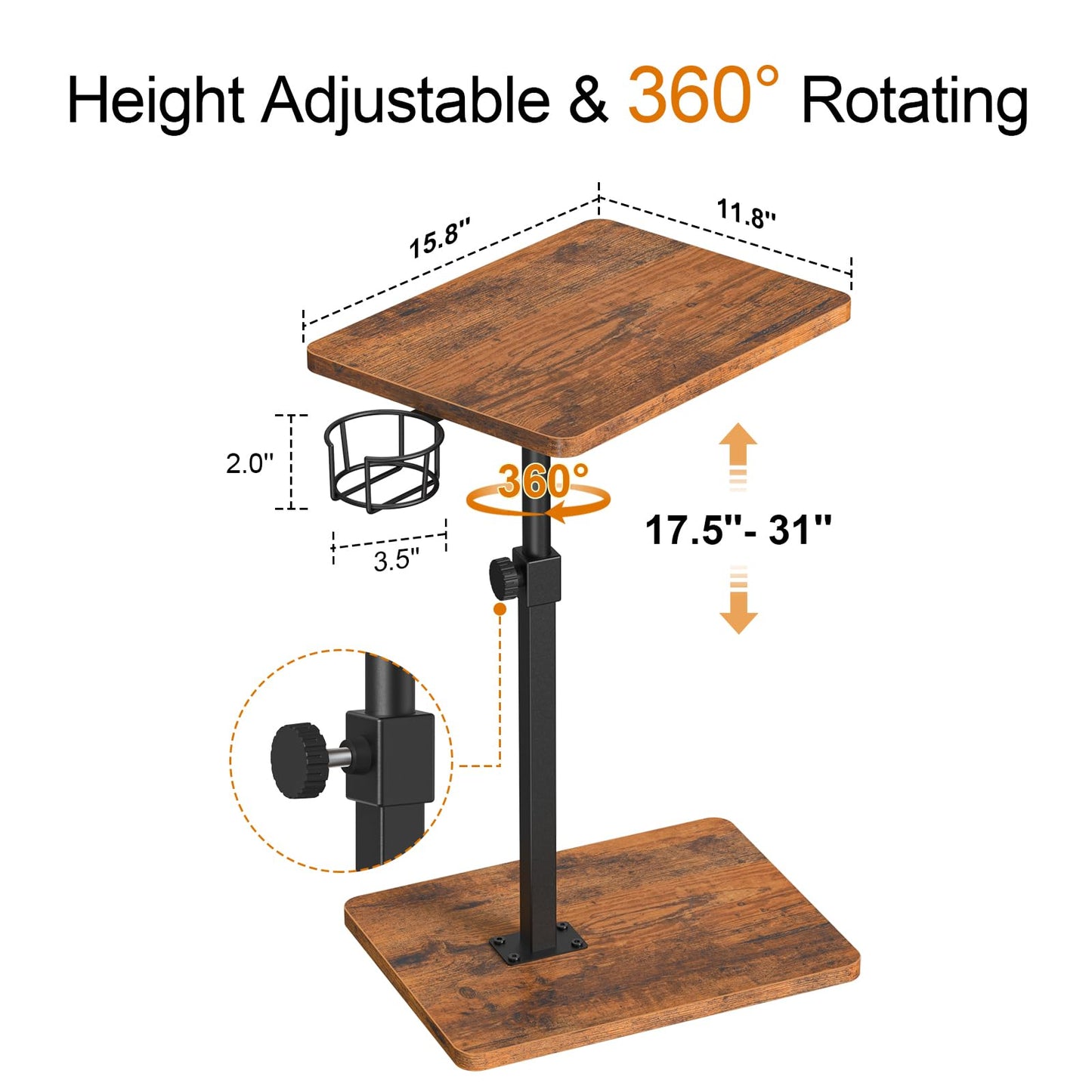 Giikin TV Tray Table, 360° Swivel Height Adjustable TV Trays for Eating on Couch,Sofa Armrest Side Table for Small Spaces Sofa Bed Dinner, Rustic Brown