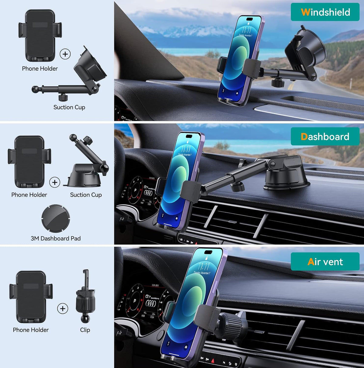 Car Phone Holder Mount, [Military-Grade Suction & Super Sturdy Base] 3 in 1 Universal Phone Mount for Car Dashboard Windshield Air Vent Car Mount for iPhone Android Smartphone GPS Navigator