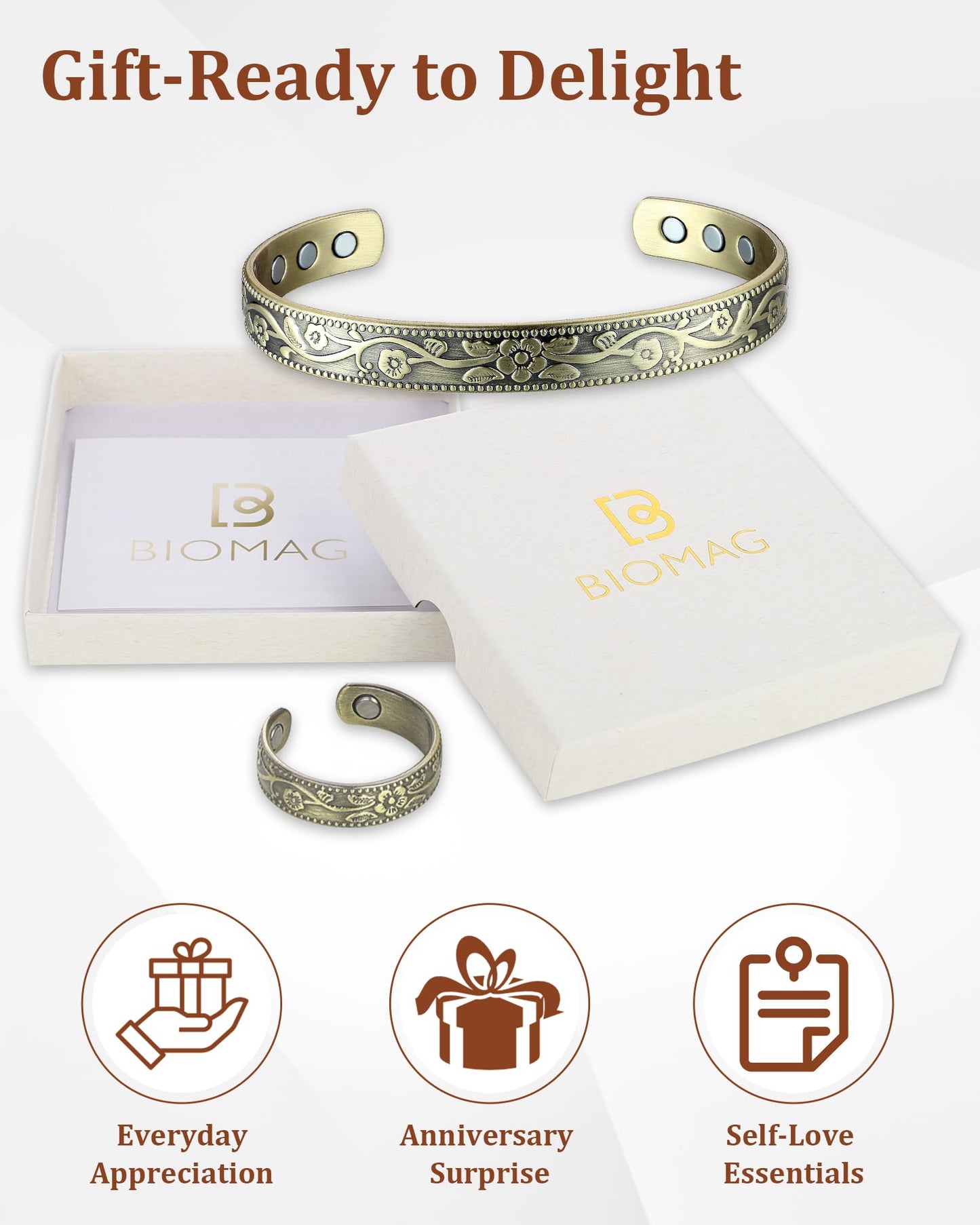 BioMag Copper Bracelet & Ring for Women, 99.99% Pure Copper Magnetic Bracelet Lymphatic Drainage Rings with 3500 Gauss Magnets, Adjustable & Flower Pattern (Antique Bronze Tone)
