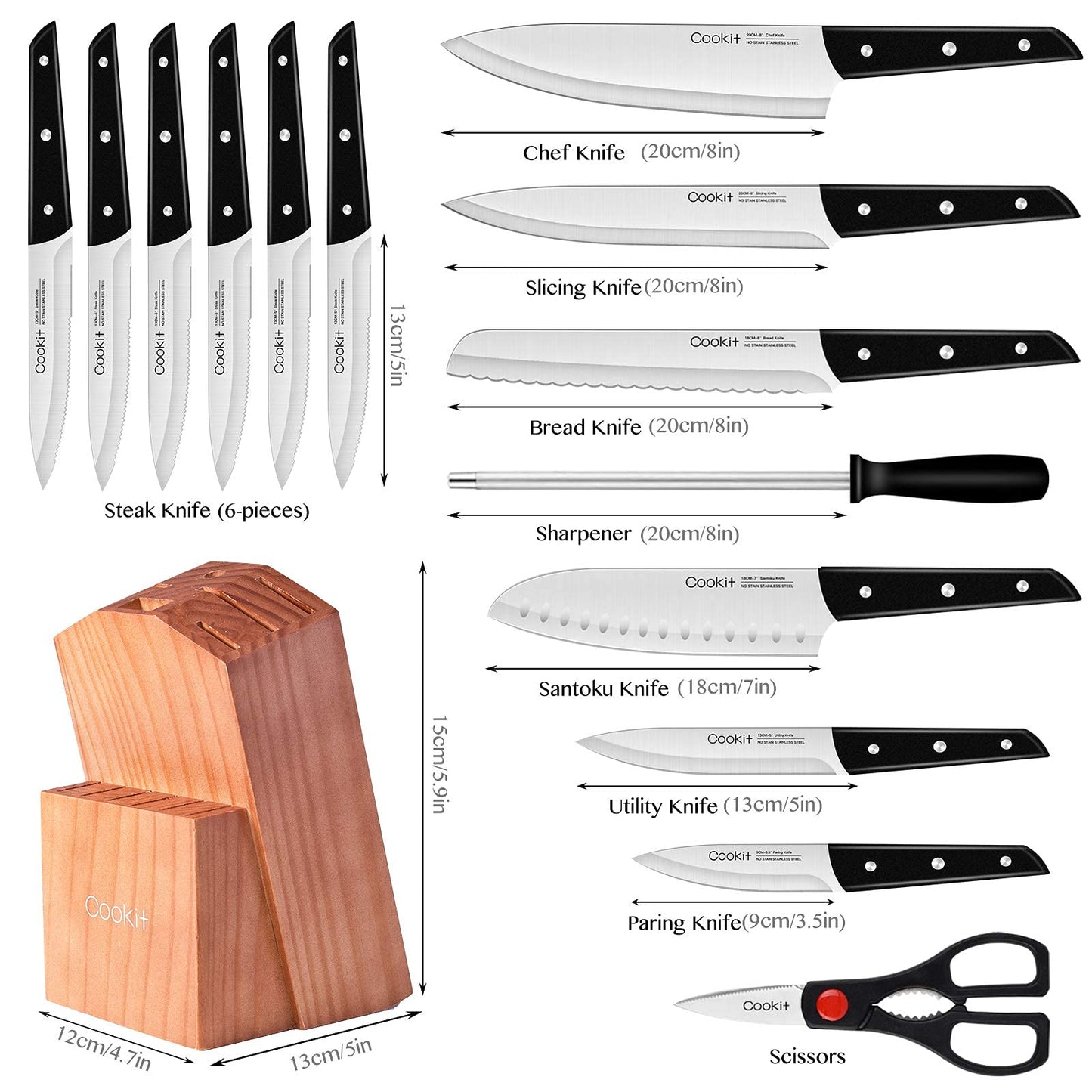 Knife Set with Block, Cookit 15 Pieces Kitchen Knife Set with Pine Block Holder, Knife Block Set with Sharpener, High Stainless Steel Knives with Comfortable-Grip ABS Handles