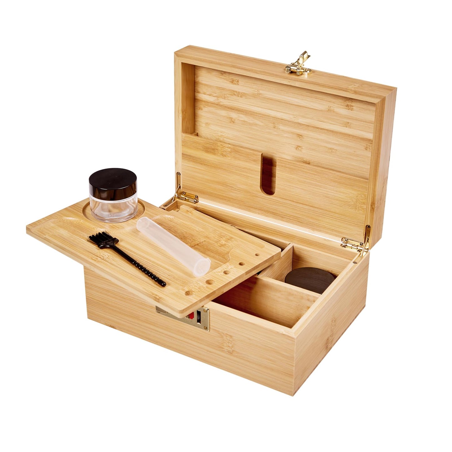 Bamboo Wood Desktop Organizer with 3 Glass Jars and Sliding Tray - Red Multi-Compartment Storage Case for Craft Supplies, Stationery, and Small Accessories (Natural wood colour)
