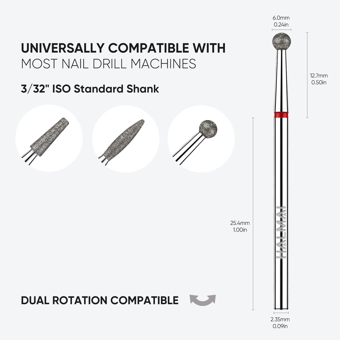HALMAI Nail Drill Bits Set 3pcs 3/32 Inch, Diamond Cuticle Nail Bits Set for Nail Drill E-File, Professional Manicure Pedicure Remover Tools for Acrylic Gel Nails, Home Salon Nail Care Kit