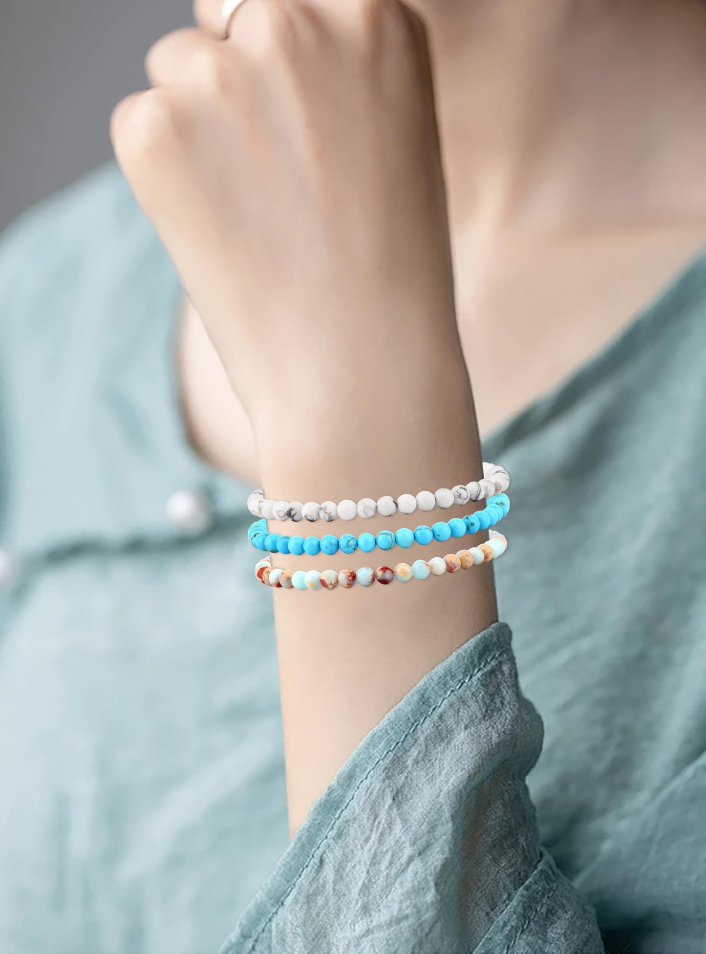CMBYN 3-Pieces 4mm Natural Crystal Gemstone – ﻿Agalmatolite Jasper, Blue Turquoise, Howlite Handmade Reiki Energy Healing Stretch Bracelets Jewelry for Yoga, Meditation, Unisex